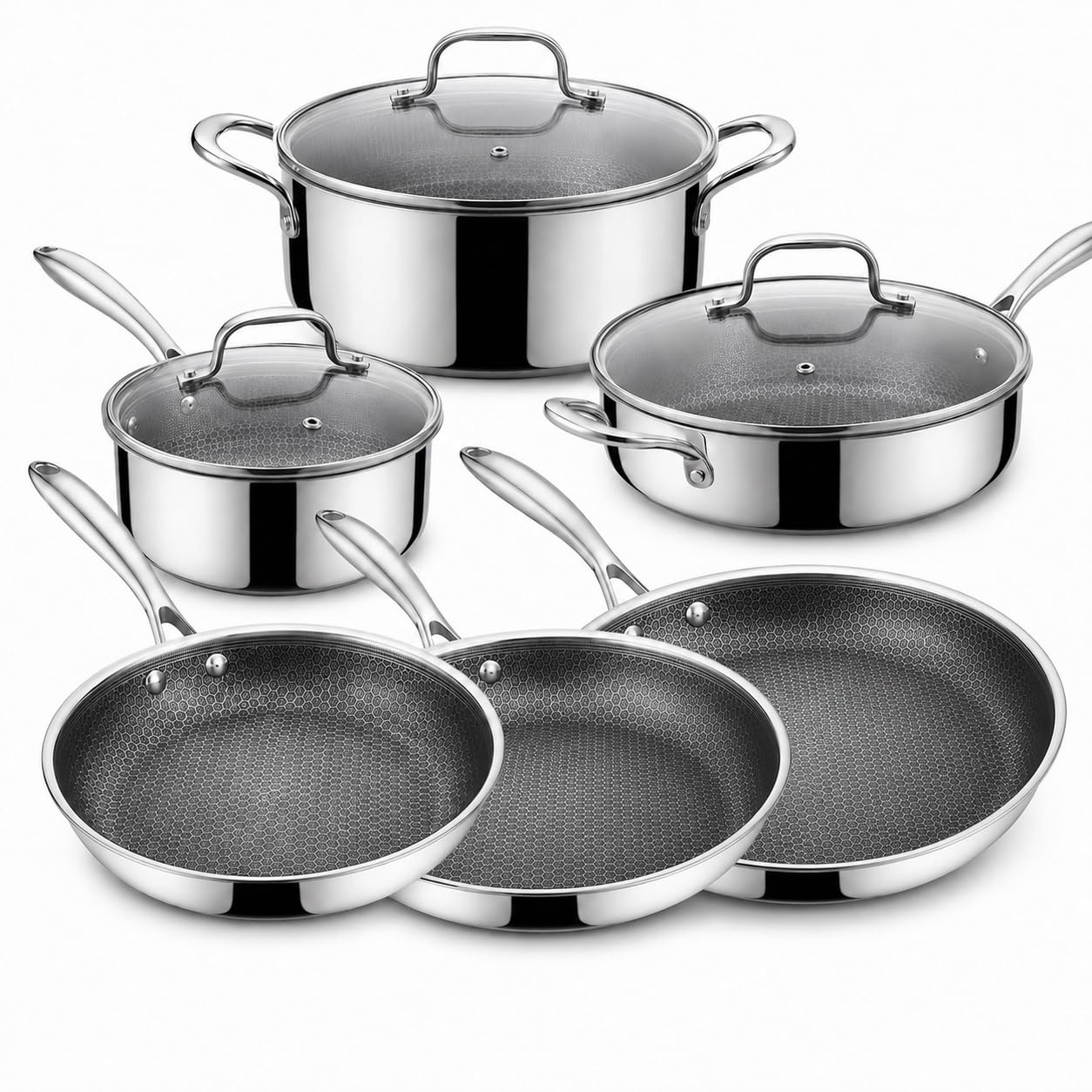 By Napoléon Batterie de Cuisine 9 Pieces Nid d'Abeille et Inox 18/10 Triply, 3 Poêles 20/24/28 cm, Casserole 16 cm, Sauteuse 24 cm, Faitout 22 cm