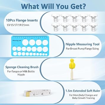 Flange Size Kit, 10 Pcs Milking Pump Flange Insert 13/15/17/19/21mm Nipple Measuring Ruler with Cleaning Brush Silicone Flange Sizer Measuring Tool For Most 24mm Pumps Breastfeeding Essentials