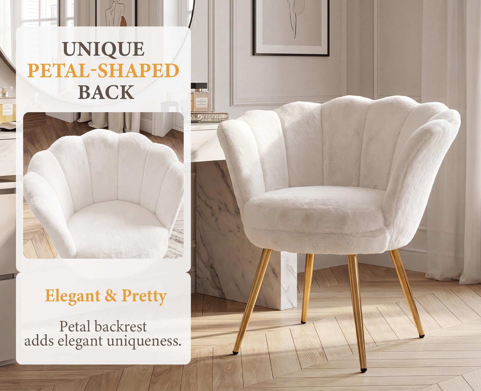 Ya-Home Fauteuil pour Salon et Chambre Chaise de Coiffeuse Rembourrée Chaise de Maquillage Moderne avec Pied Doré Sièges Coiffeuse Confortable, Fausse Fourrure, Blanc
