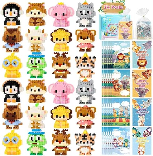 Miniatura 7 de Regalos para el día de San Valentín para el aula de niños, paquete de 24 tarjetas de San Valentín con bloques de construcción, tarjetas del día de