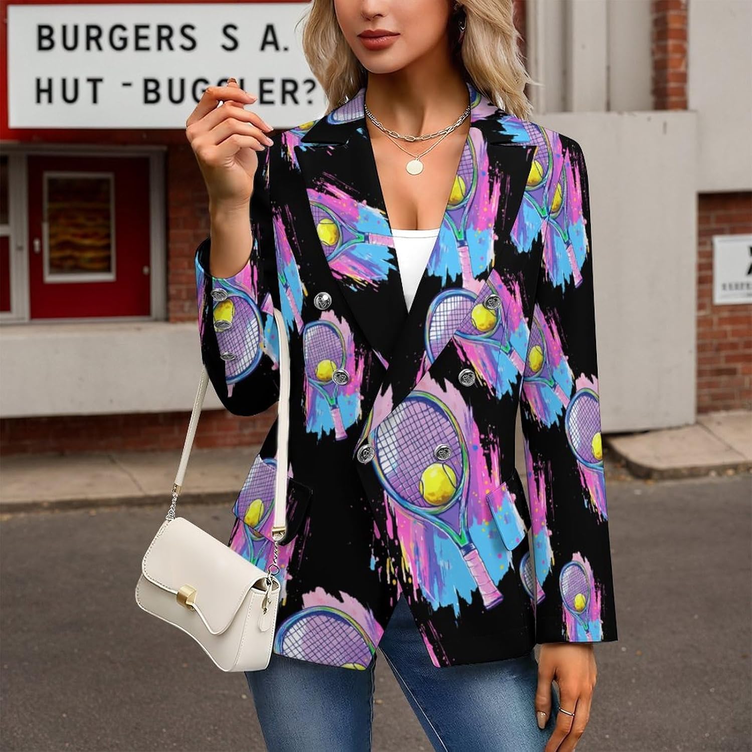 Tie-dye Tennis Women's Blazer Long Sleeve Suits Business Casual Blazers Jackets Lapel Open Front Suit