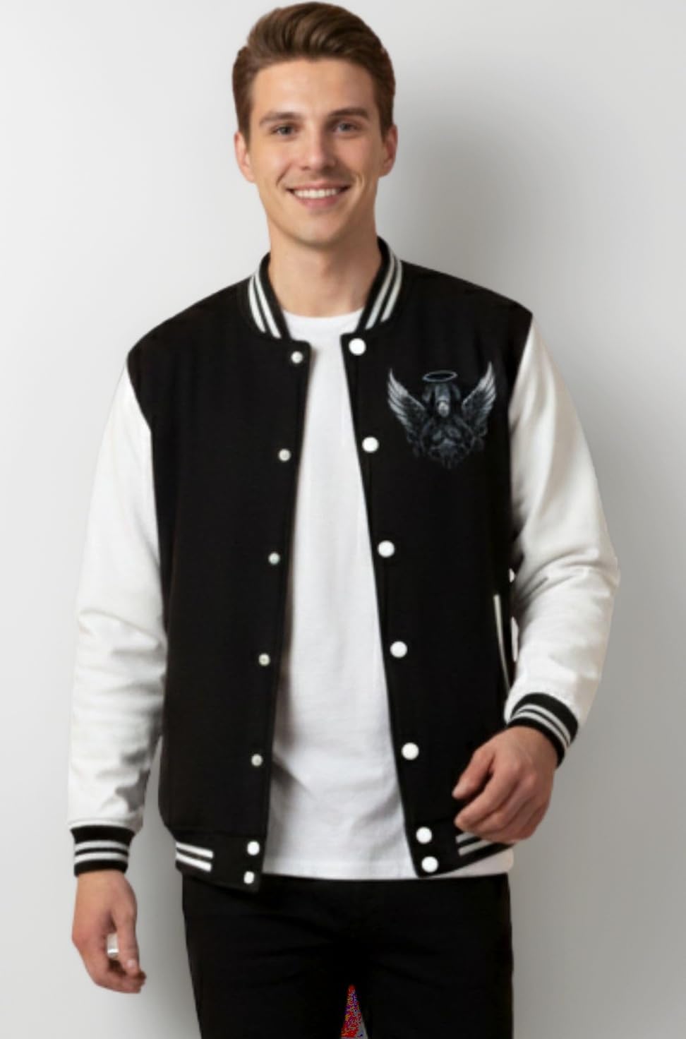 Mens Fleece Varsity Jacket with Front Button Closure and Contrast Sleeves Printed Soft Warm Fabric Bomber Jacket for Winter Wear