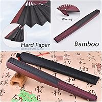 Vista 2 de Ventilador plegable, fanáticos de las artes chinas de mano, abanicos de mano de papel duro de bambú con una funda de tela para decoraciones de Negro