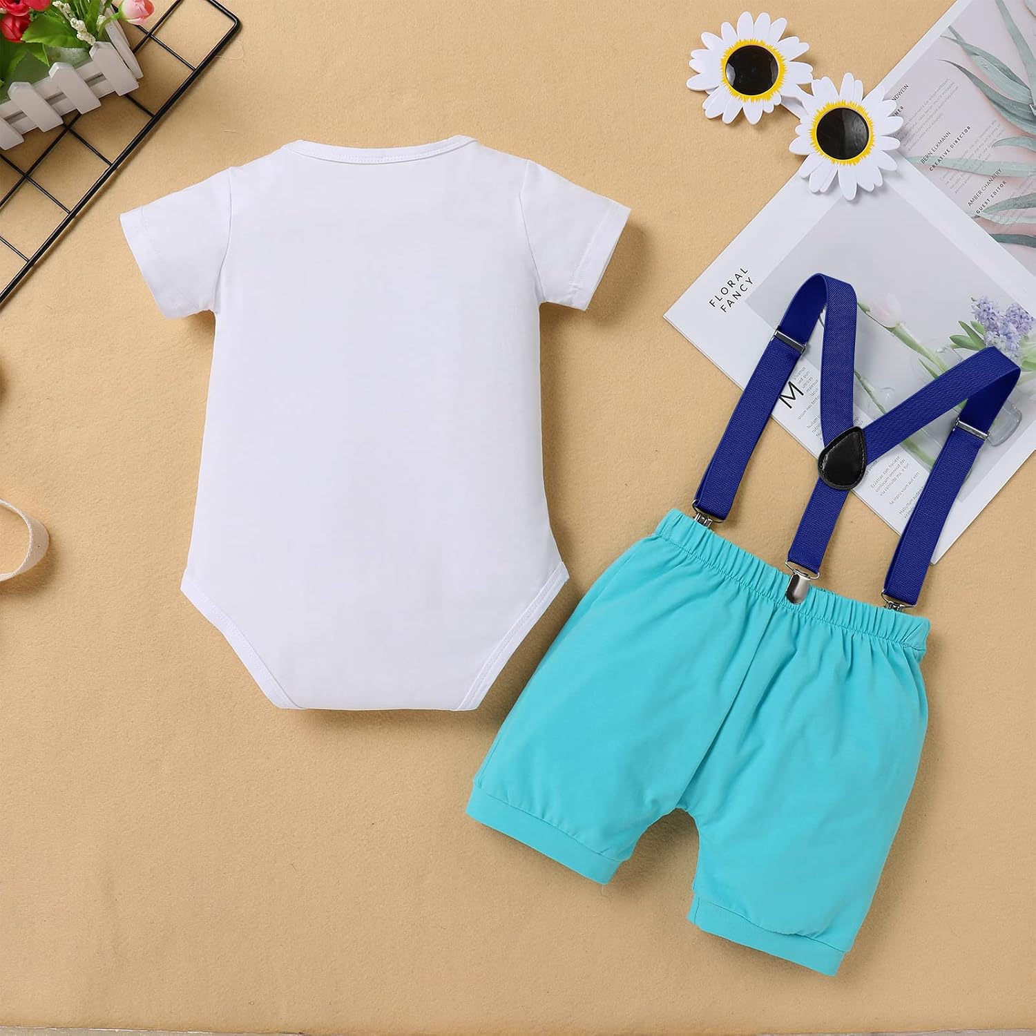 IBTOM CASTLE First Birthday Outfit Boy Turtle Ocean Romper Shorts Bow Tie Suspenders Cake Smash Set for Toddler Baby
