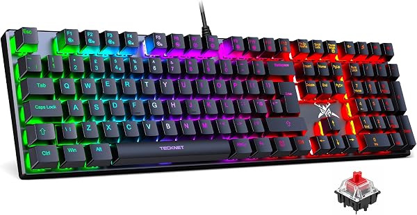 TECKNET Mechanical Gaming Keyboard - Red Switches Mechanical Keyboard with 109 Keys, 24 LED Lighting Modes, Fully Programmable Keys & Anti-Ghosting for Gaming, PC, Windows, Gamer, Office, UK Layout - 1