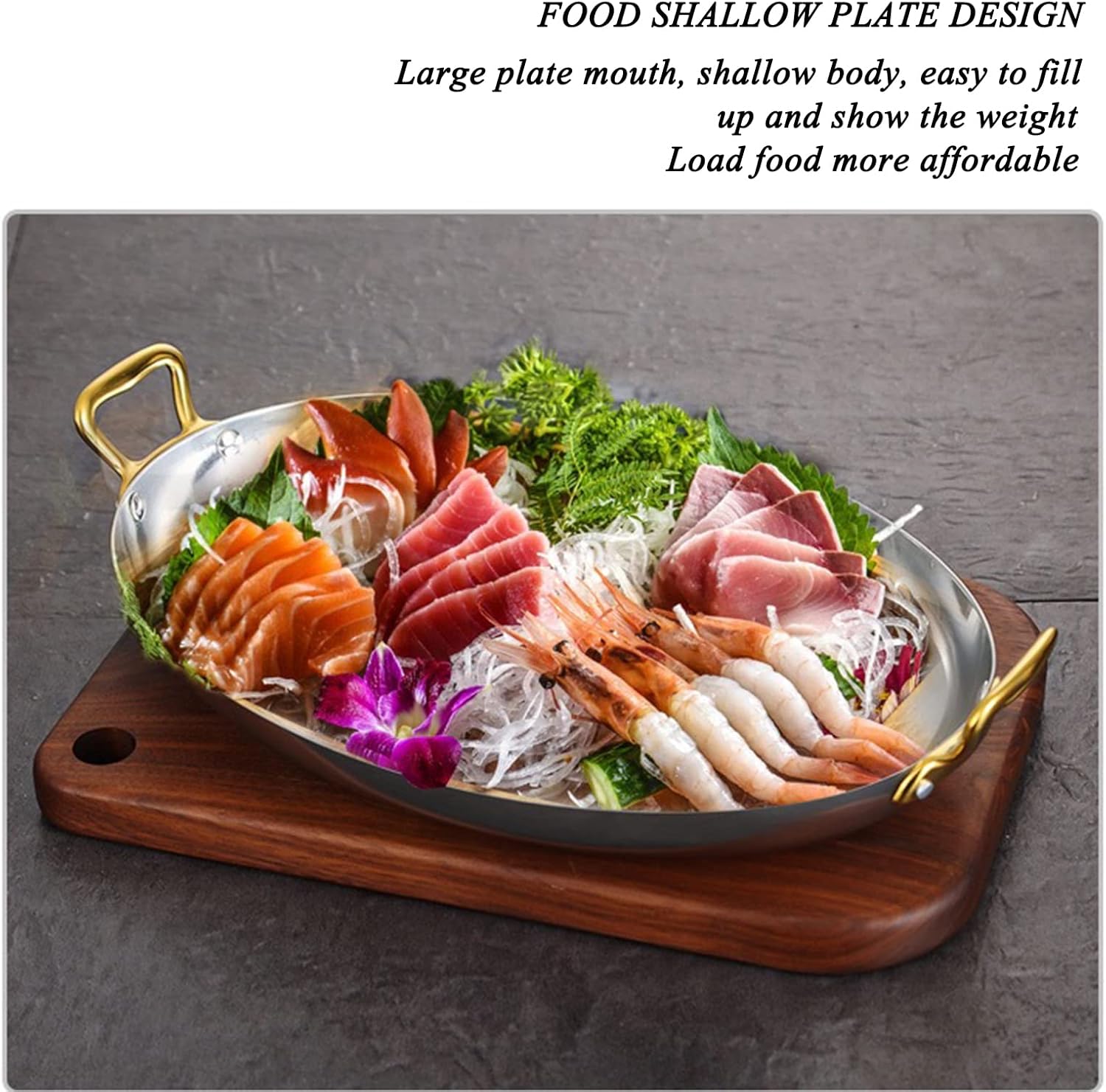 Stainless Steel Oval Platter Fish Plate Appetizer Dish Spanish Paella Cooking Pan with Double Handle 25/30/35/40cm Steaming Fish Plate Lobster Tray Bowl for Dessert Meat Sushi (Gold 30CM)