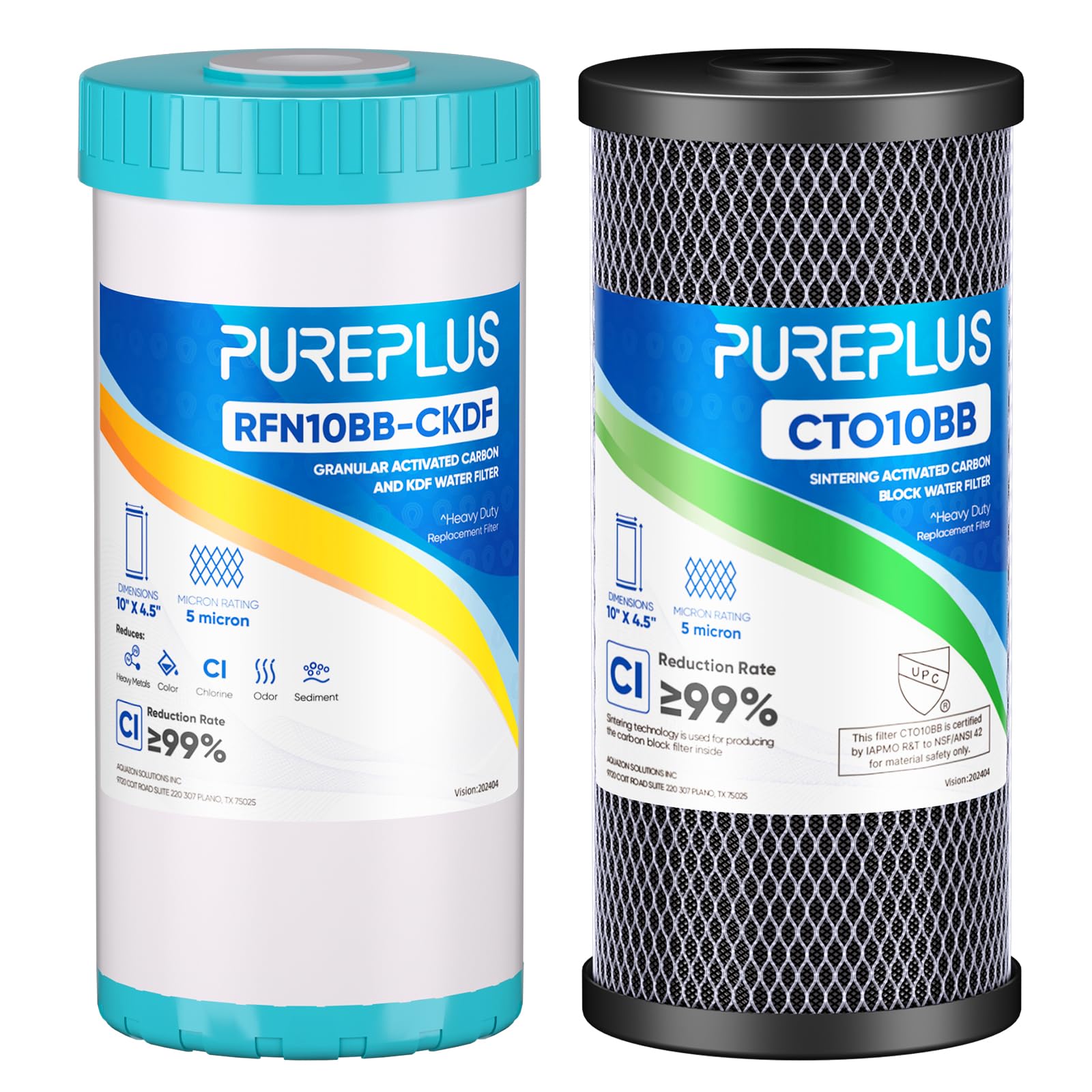 PUREPLUS Kit combinato di cartucce filtro dell'acqua a 2 stadi per tutta la casa, 11,4 x 25,4 cm, con KDF e carbone attivo granulare, e filtro a blocchi di carbone attivo, kit di ricambio per
