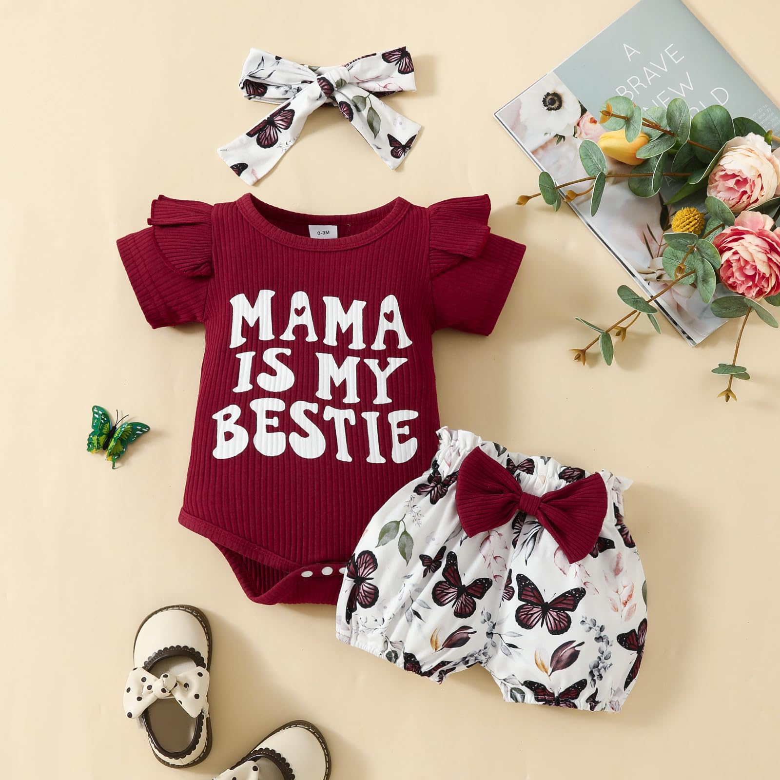 Ursobutegl Mamas Bestie Outfit Newborn Baby Girls Short Ruffle Sleeve Ribbed Romper Floral Shorts Summer Clothing Set(Red-mama is my bestie,3-6 Months)