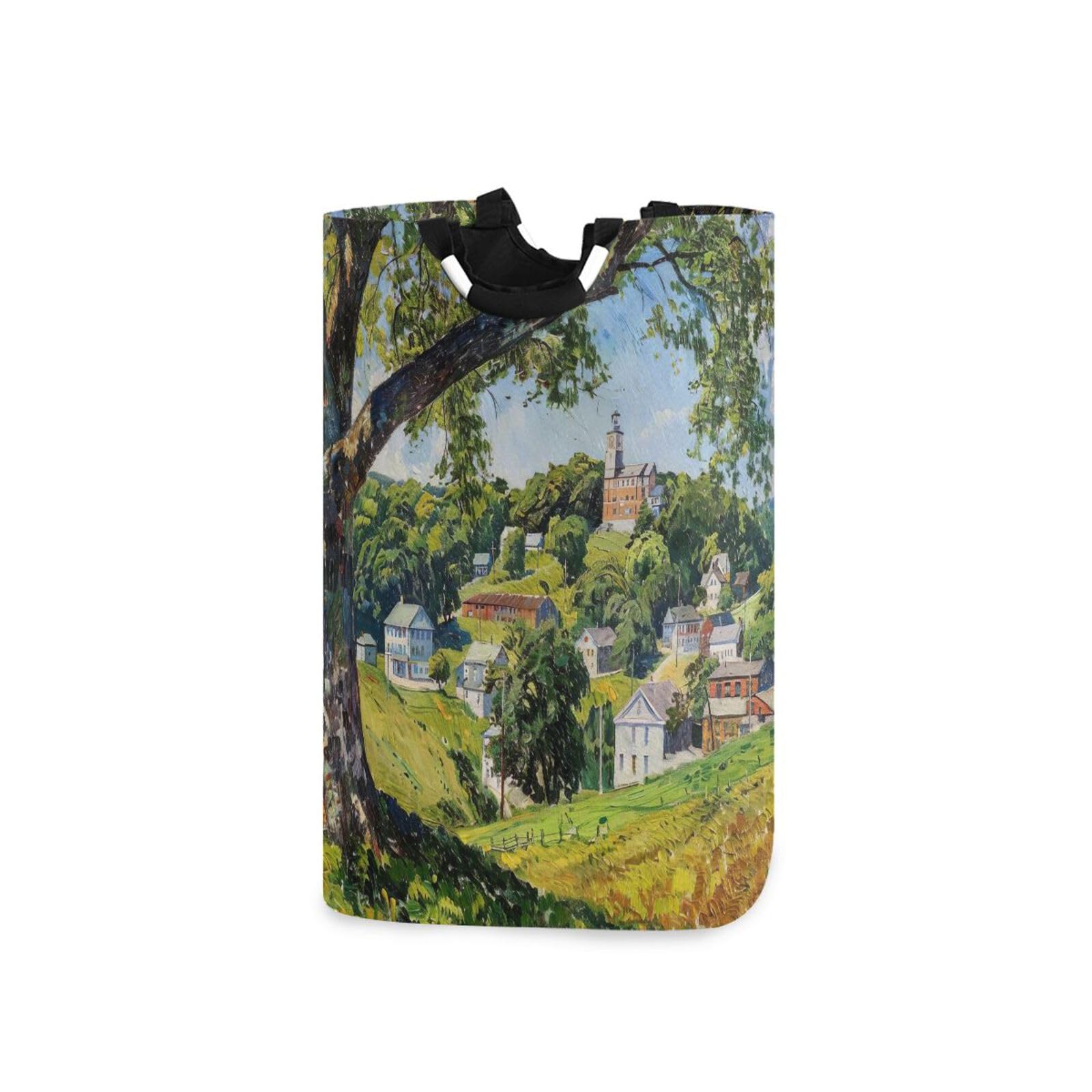 Jihqo Laundry Hamper Basket Countryside Field Collapsible Nursery Storage Bin Waterproof Clothing Baskets for Home Bedroom Bathroom Washing Room