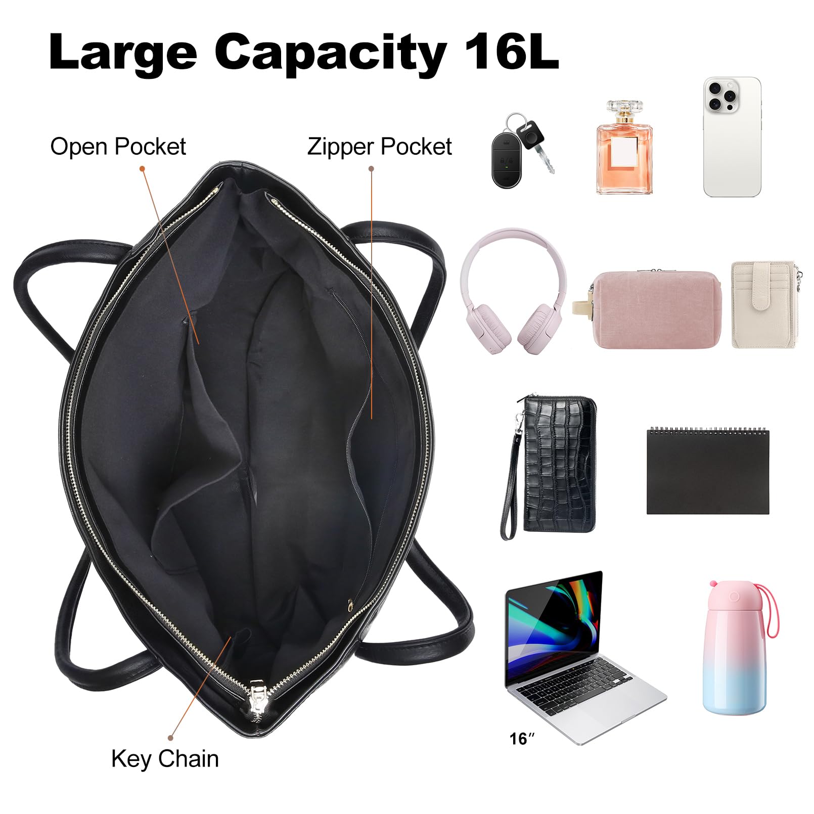 Large Tote Bag for Women Work with Zipper 16L Vegan Leather Ladies Travel Purses and Handbags