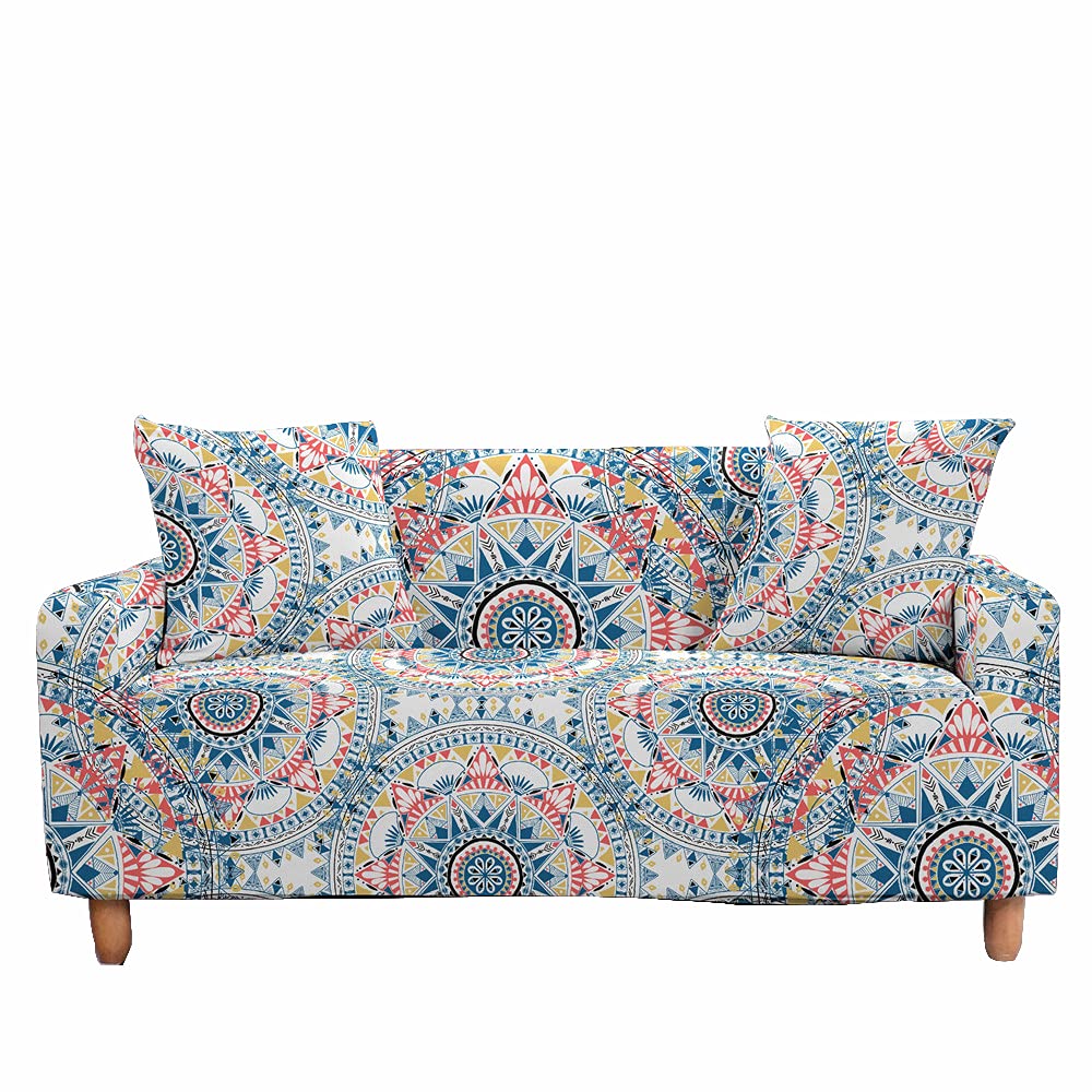 Fansu Elastic Sofa Cover for 1 2 3 4 Seater Sofa, Adjustable 3D Mandala Printed Sofa Cover with 1 Cushion Cover, Anti-Dirt, Non-Slip Furniture Protector (Vintage, 3 Seater (190-230 cm))