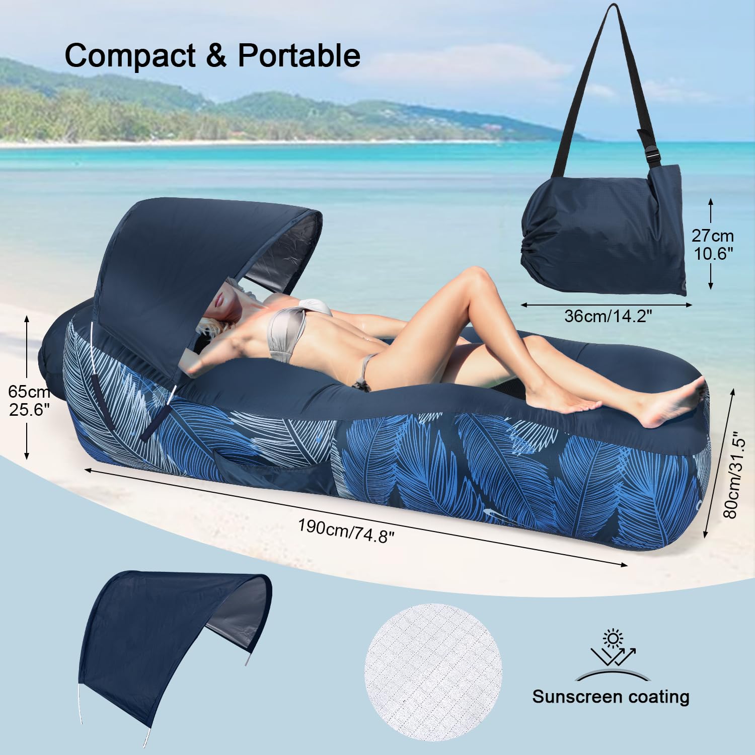 Aufblasbares Sofa mit Sonnenschirme, Luftsofa Faltbar Tragbar, Wasserdicht Camping Sofa mit Tasche, Strandliege Air Lounger mit Mesh-Rücken für Garten Strand Picknick, Marineblaue Feder