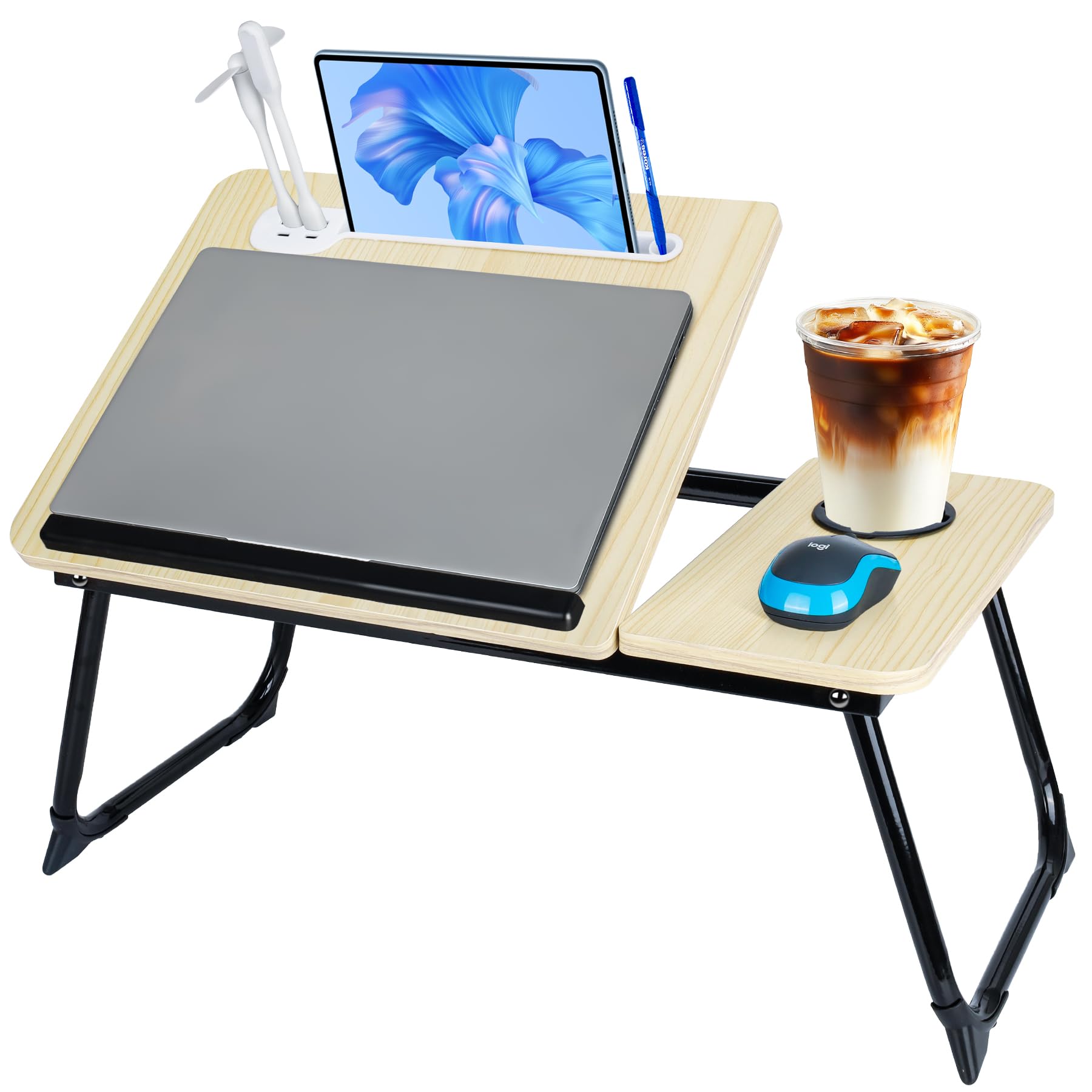 Laptop Bed Desk, Adjustable Lap Desk, Small Laptop Table with USB Charge Port, Desktop Card &Pen Slot, Cup Holder, Foldable Bed Tray Table for Couch Sofa Chair Floor Eating Working