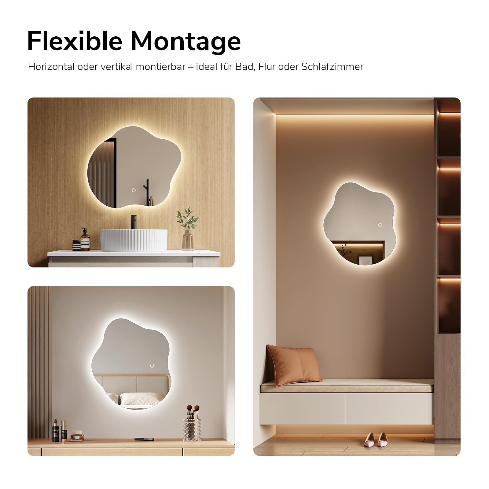 EMKE Badspiegel mit Beleuchtung Asymmetrisch 50 × 45 cm, LED Badezimmerspiegel mit Anti-Beschlag, 3 Lichtfarben & Dimmfunktion, Touch-Sensor, Wandspiegel für Bad, Flur, Schlafzimmer