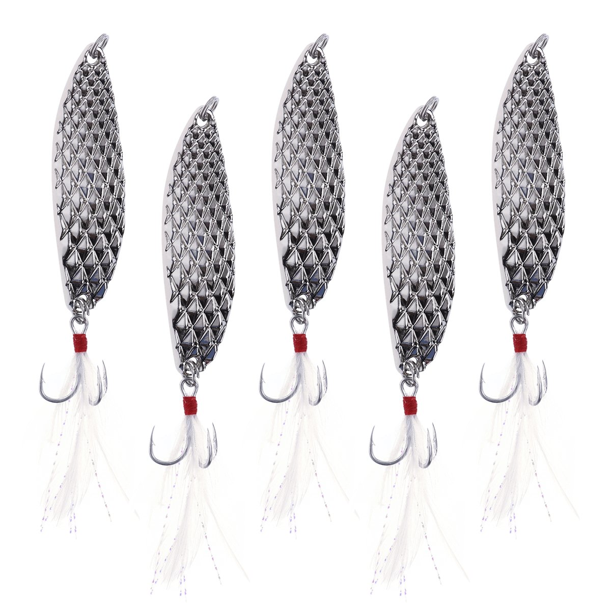 VORCOOL 5 esche artificiali in metallo, esche da pesca (esche argentate + piume bianche)