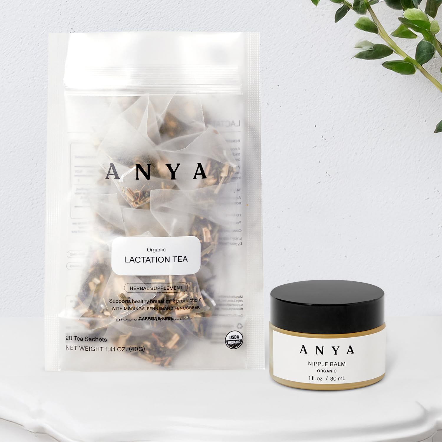 ANYA Herbal Lactation Tea + Organic Nipple Balm - Vegan, Lanolin-Free Cream to Soothe Chapped Nipples + Breastfeeding Safe Tea with Moringa + Fenugreek for Breastmilk Production + Postpartum Care
