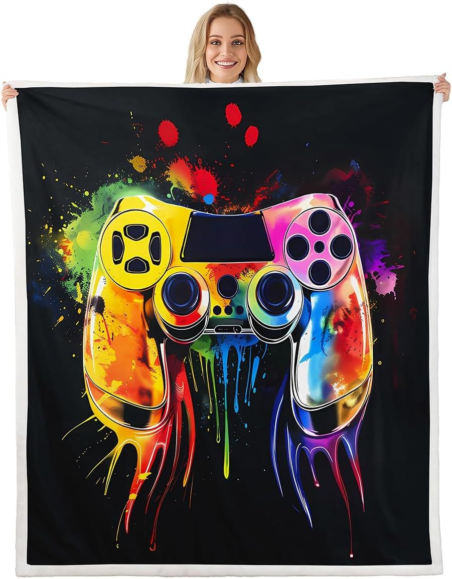 jejeloiu Colorful Gamer Fleece Throw Blanket Throw 50"x60" Boys Gaming Graffiti Plush Sherpa Blanket Fuzzy for Kids Girls Teens Game Console Print for Bed Couch Chair Living Room Breathable Gamepad