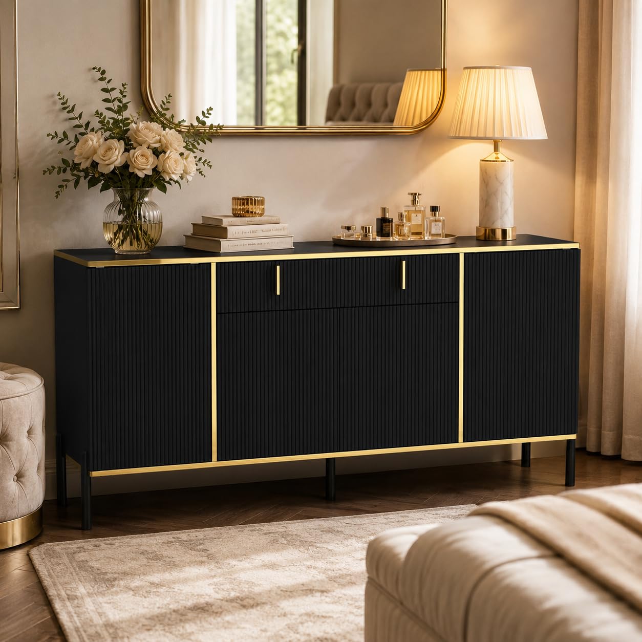 Credenza con 4 ante e 1 cassetto, ripiano regolabile, cassettiera, armadio da cucina, buffet con gambe in metallo per ingresso