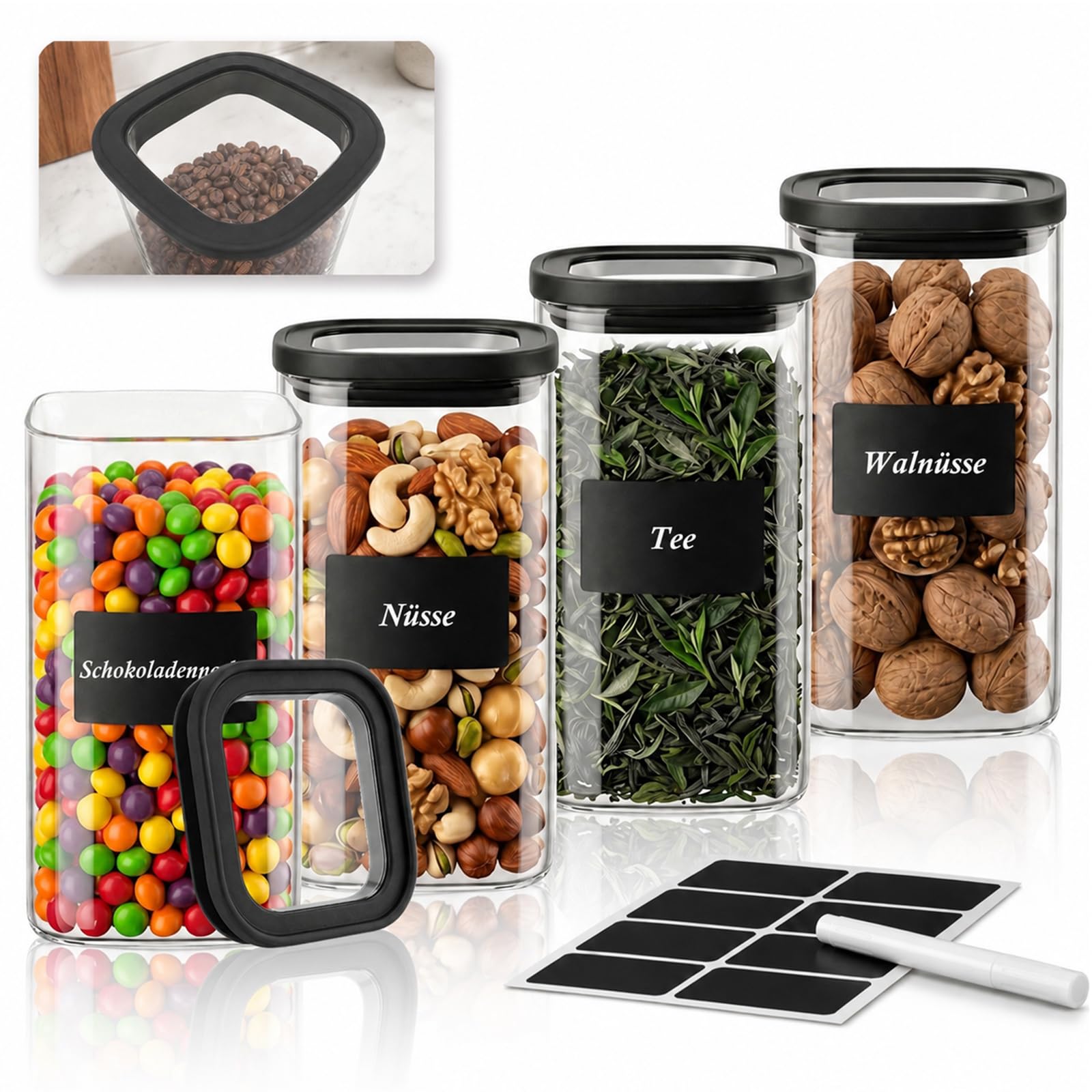 twoant Juego de 4 Cuadrada Tarros de Cristal Con Tapa Hermética transparente，1400ml Cocina Botes Almacenaje Ideales Para Guardar Especias, Pasta, Legumbres, Avena, Cereales, Etc