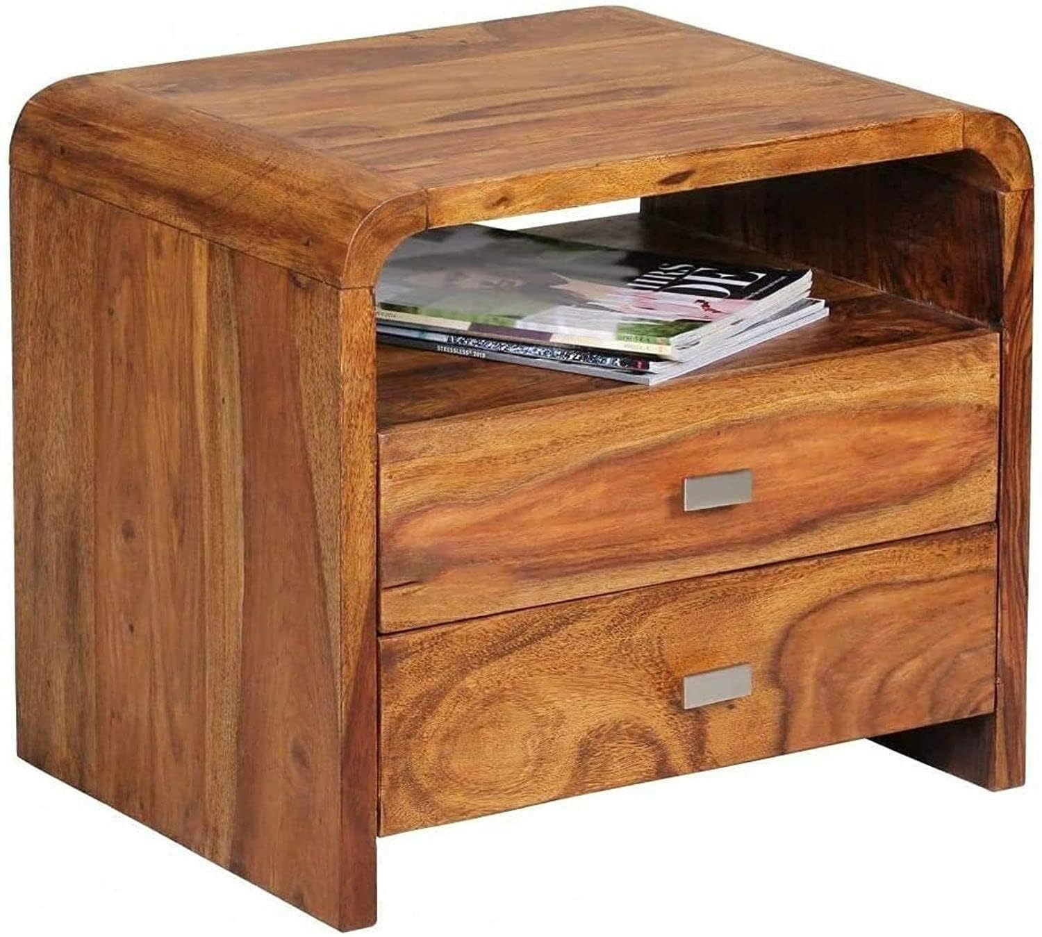 Chetan Interiors Wooden Bedside Table for Bedroom | Wooden Nightstand Lamp Table with 2 Drawer & Shelf Storage (Solid Sheesham Wood, Teak Finish)-image-1