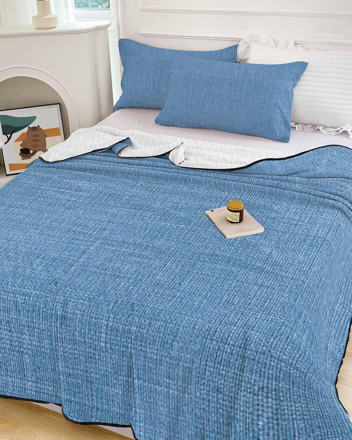 Queen Size Quilt Set, Blue Vintage Linen Lightweight Bedspread Coverlet Set Soft Microfiber Summer Quilt with 2 Pillow Shams, Minimalist Style 3 Piece Comforter Bedding Set