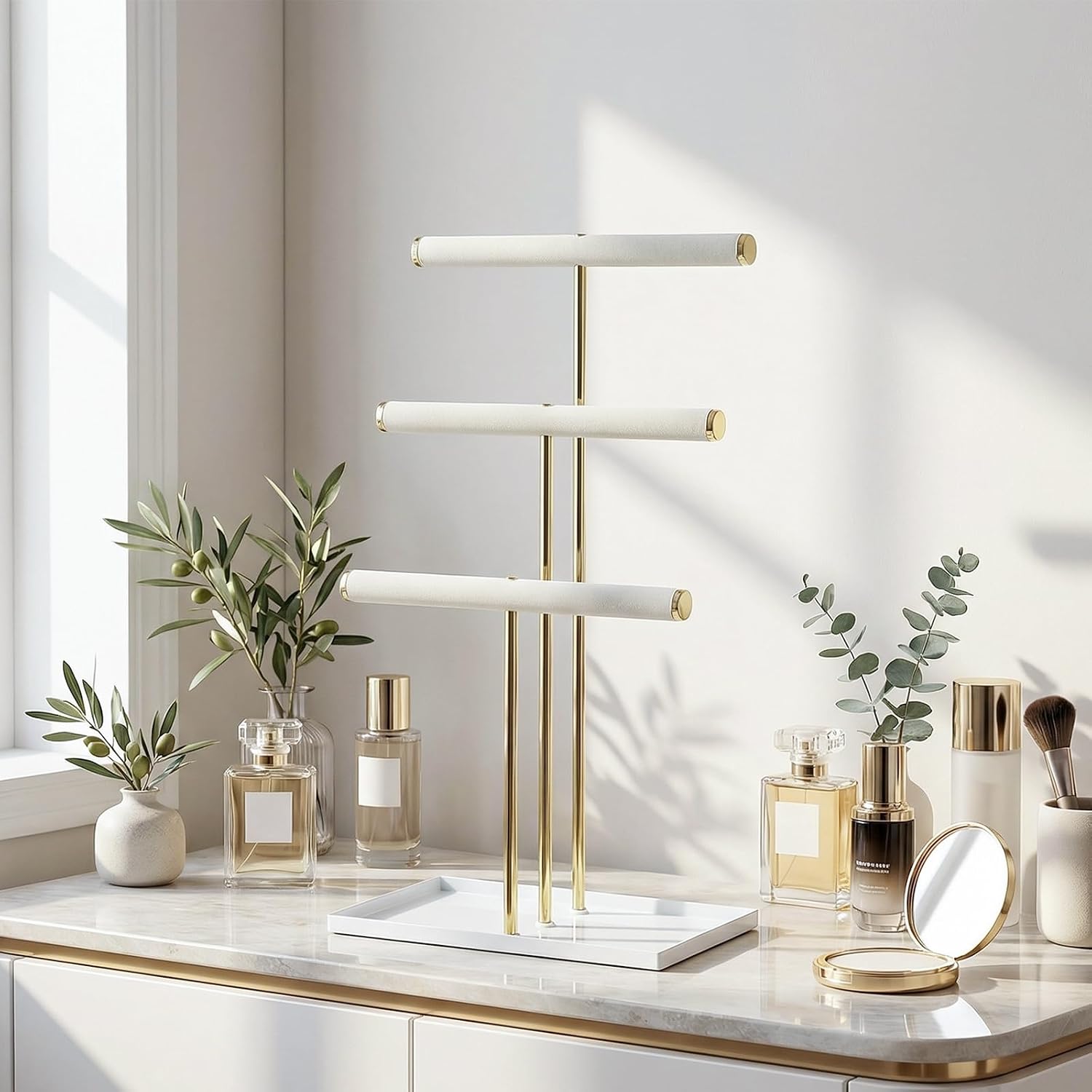 Jewelry Organizer Stand, Necklace Holder with Metal Frame, Jewelry holder stand Tree for Display, Bracelets Earrings and Ring Tray for Women (Beige, 3 Tier)