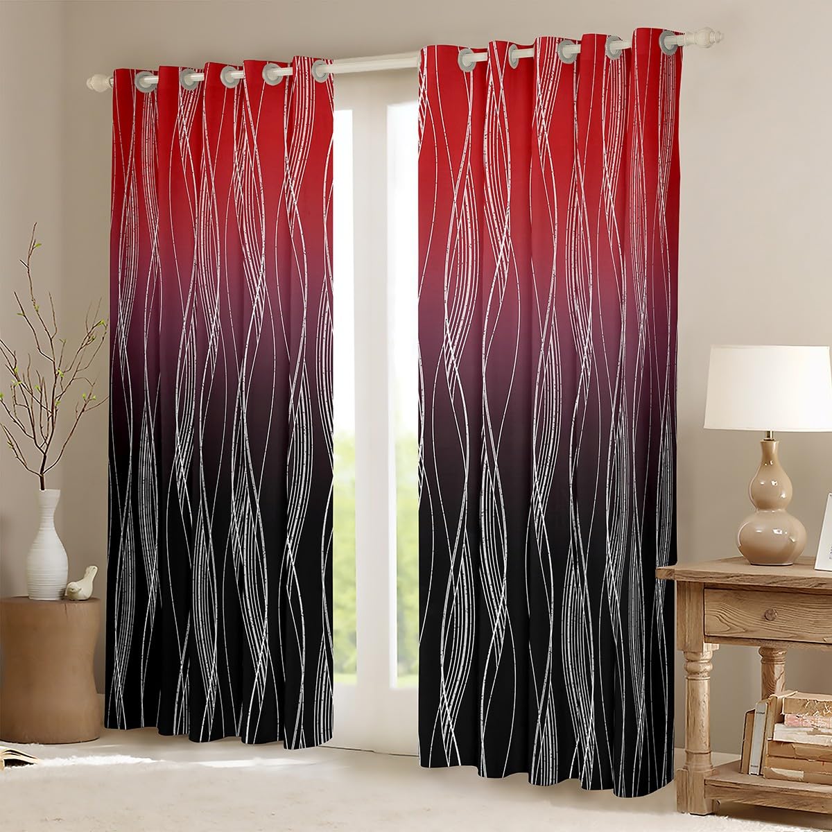 Homewish Red And Black 66" Wx90 L Blackout Curtains For Boys Bedroom Abstract Ombre Curtains & Drapes Gradient Geometric Silver Striped Window Curtains,Modern Fashion Window Treatments 2 Panels - Image 2