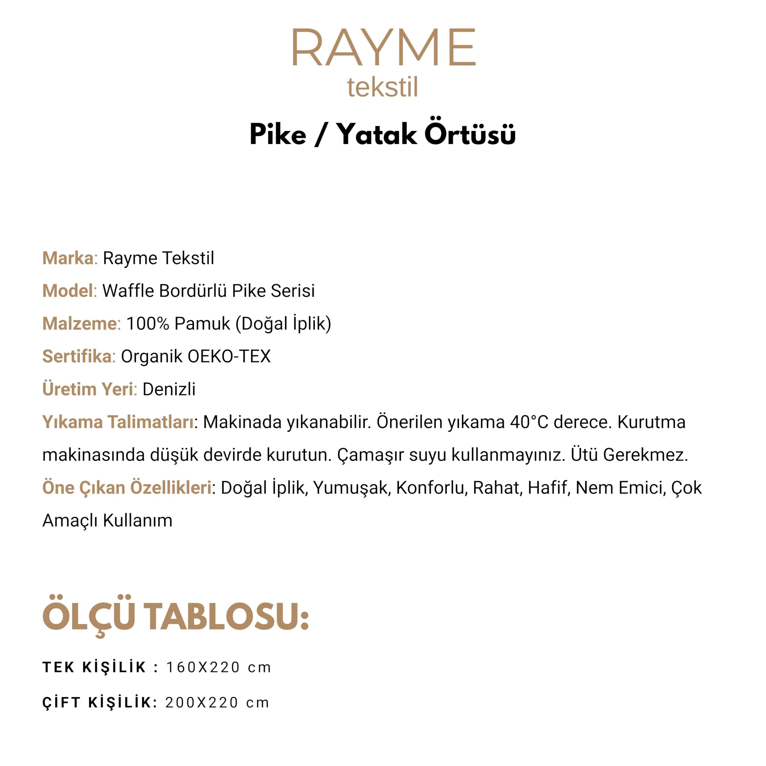 RAYME TEKSTIL 100% Pamuk Pike Çift Kişilik, Waffle Bordür Desenli Yatak Örtüsü, Hafif Yazlık Pike, Denizli Üretimi Kaliteli Yatak Örtüsü (Pudra Pembe, Çift Kişilik Pike 200x220 cm)