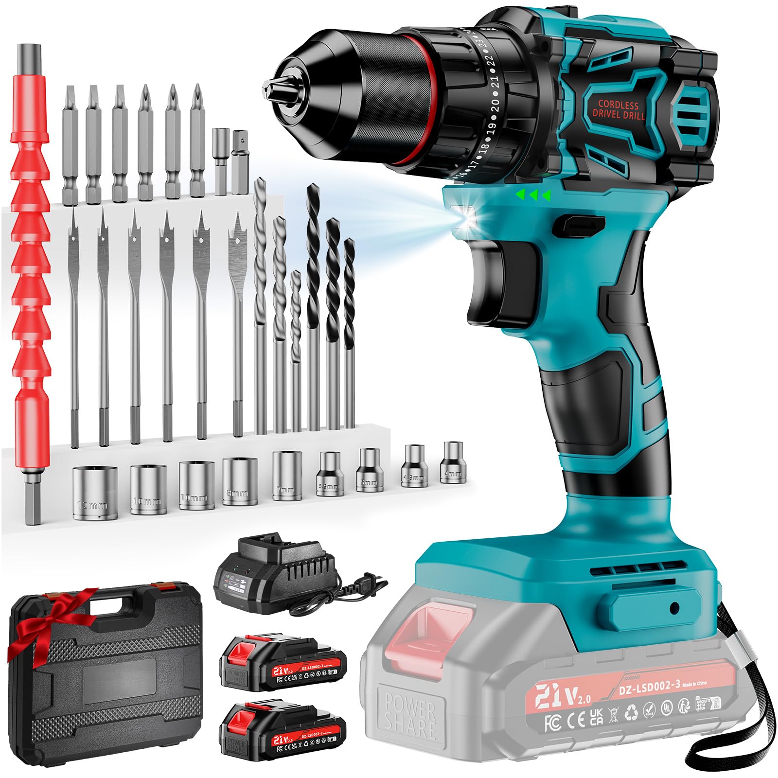 Taladro Percutor a Batería 21V, 70 Nm Max, 2 Baterías de 2,0 Ah | 25+3 Niveles de Par, 2 Velocidades, Luz LED, Portabrocas de 10 mm, Para Reparaciones y Bricolaje
