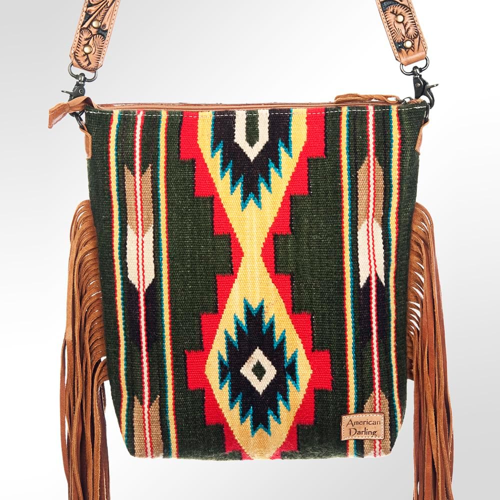 American Darling Signature Cross Body Bag Hand Tooled Floral Hand Woven Saddle Blanket Leather Crossbody with Fringes