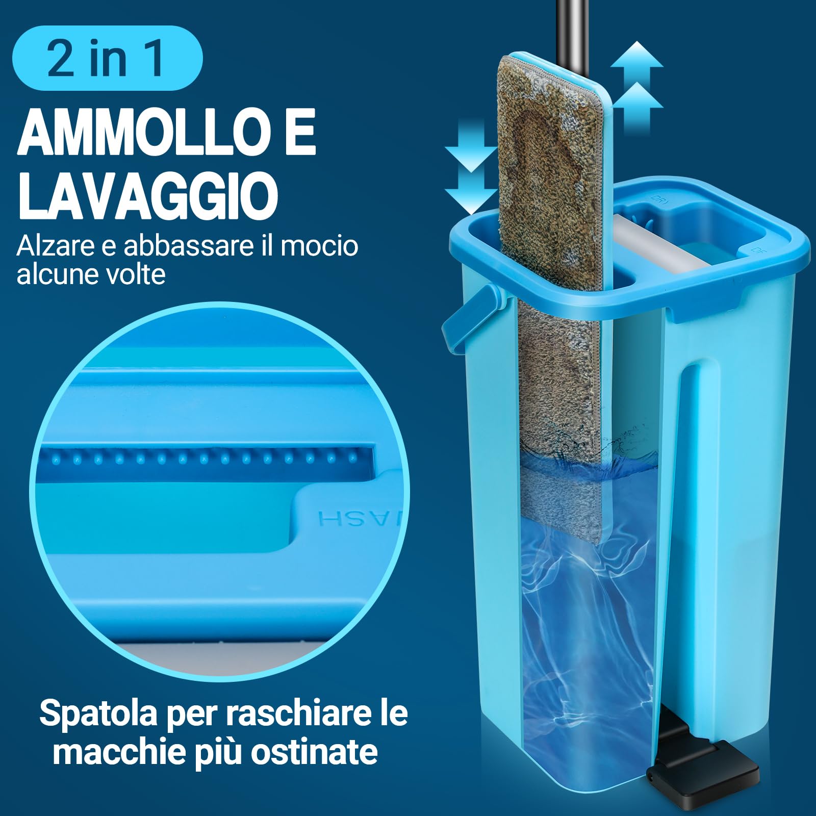 MASTERTOP Mocio Lavapavimenti e Secchio Strizzatore, Mocio Piatto Rotante e Piccolo Secchio Autolavaggio, Mop a Mani Libere in Microfibra, con 3 Tamponi Riutilizzabili (Blu Chiaro)