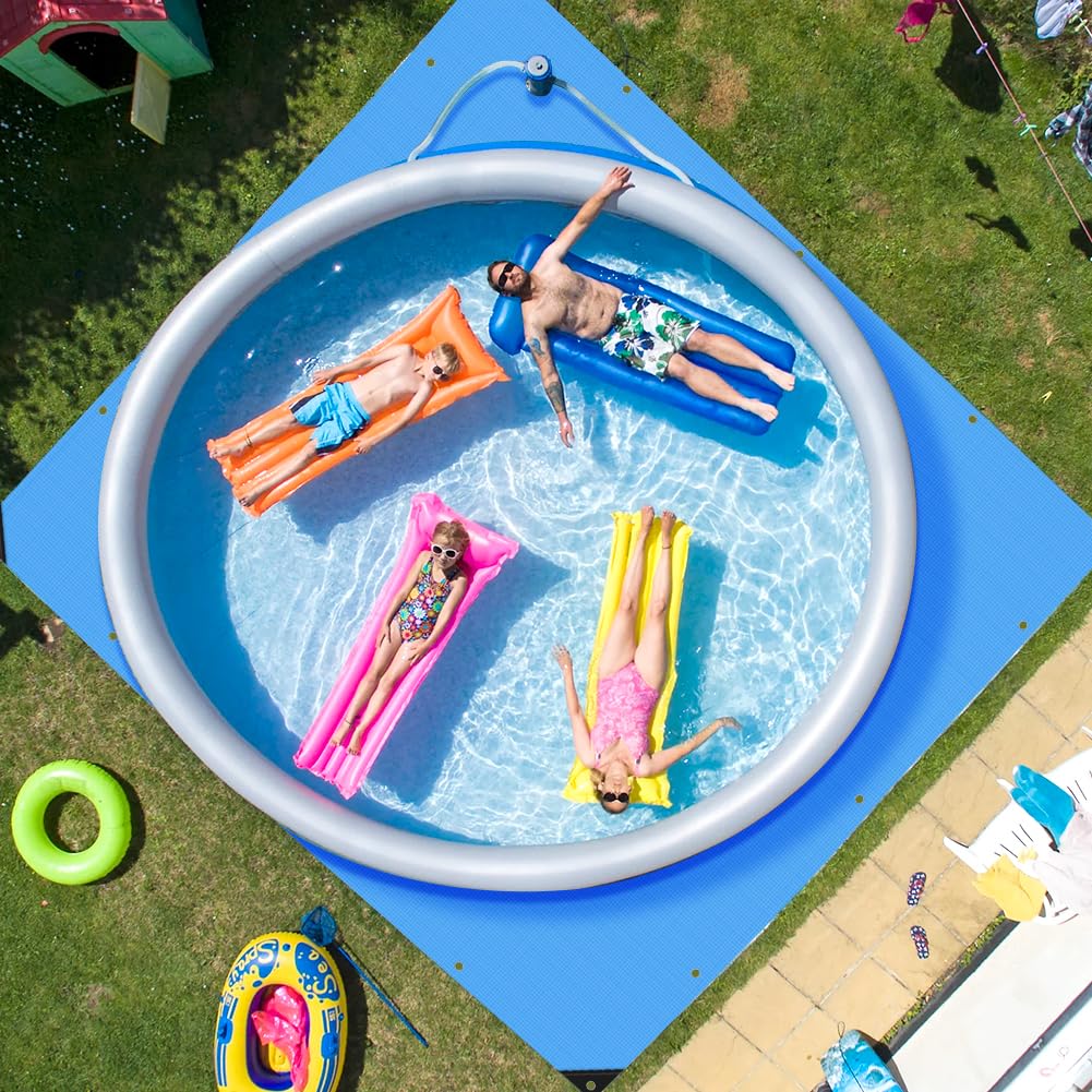 Roadtime Bâche de sol de piscine, 120 g/m², épaisse, carrée, avec 4 crochets et corde en nylon de 20 m, avec trous, bâche imperméable et indéchirable (4 x 4 m, bleu)