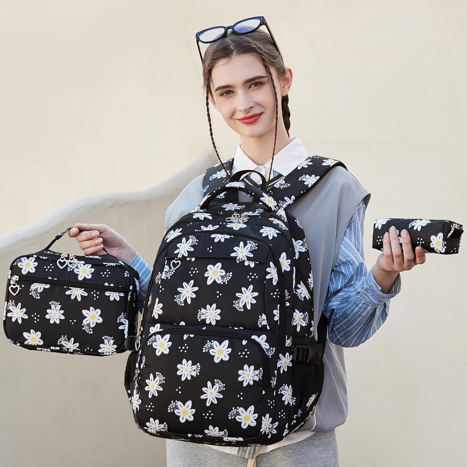 Joyfulife Daisy Prints Backpack and Lunch Box for Girls, Kids Backpack for Girls Elementary Primary Middle School Bags Teen Bookbags Backpack with Lunch Box and Pencil Case