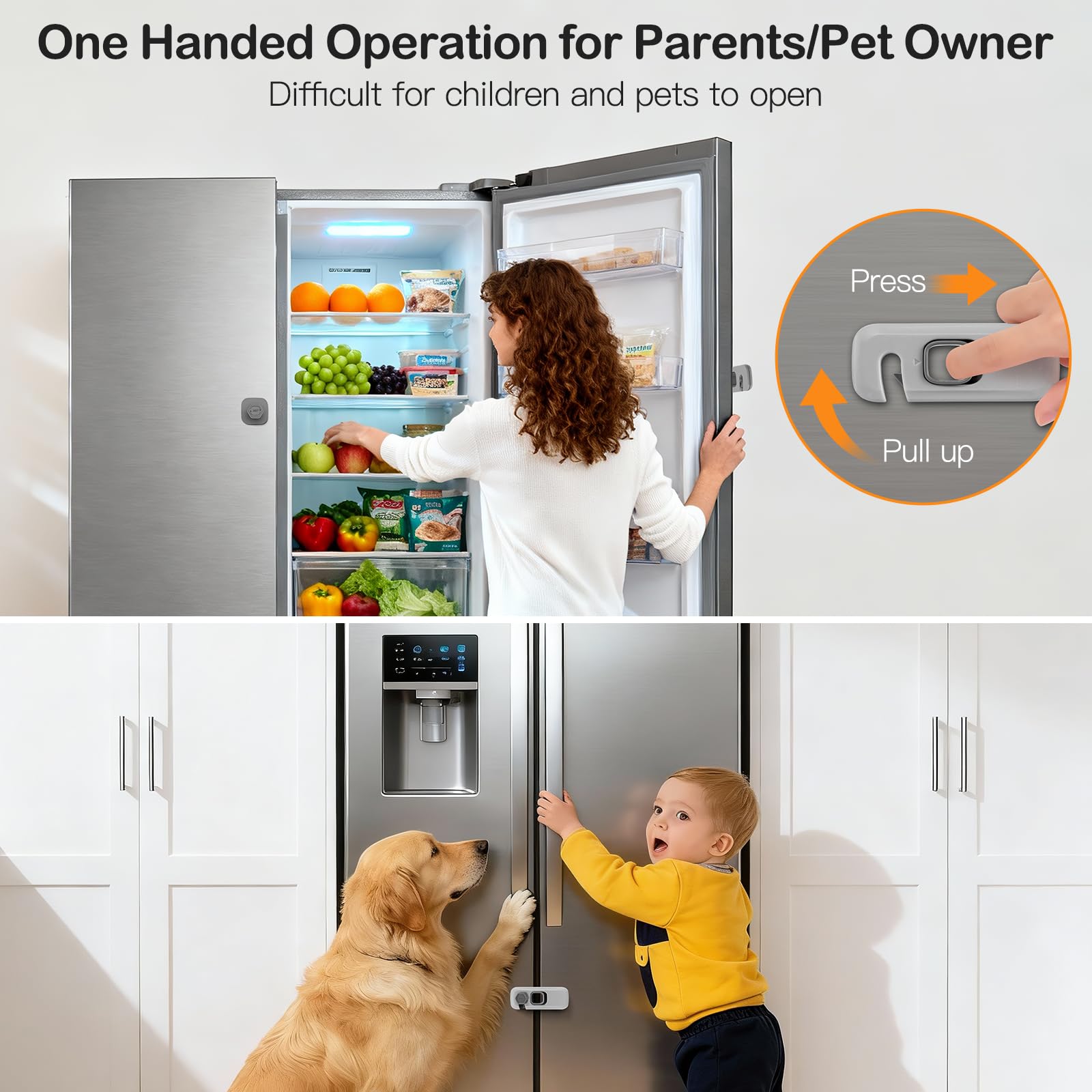 Cerradura de refrigerador a prueba de niños para padres/dueños de mascotas, paquete de 2 cerraduras de seguridad para bebés para niños, pestillo de congelador para mantener la puerta cerrada para