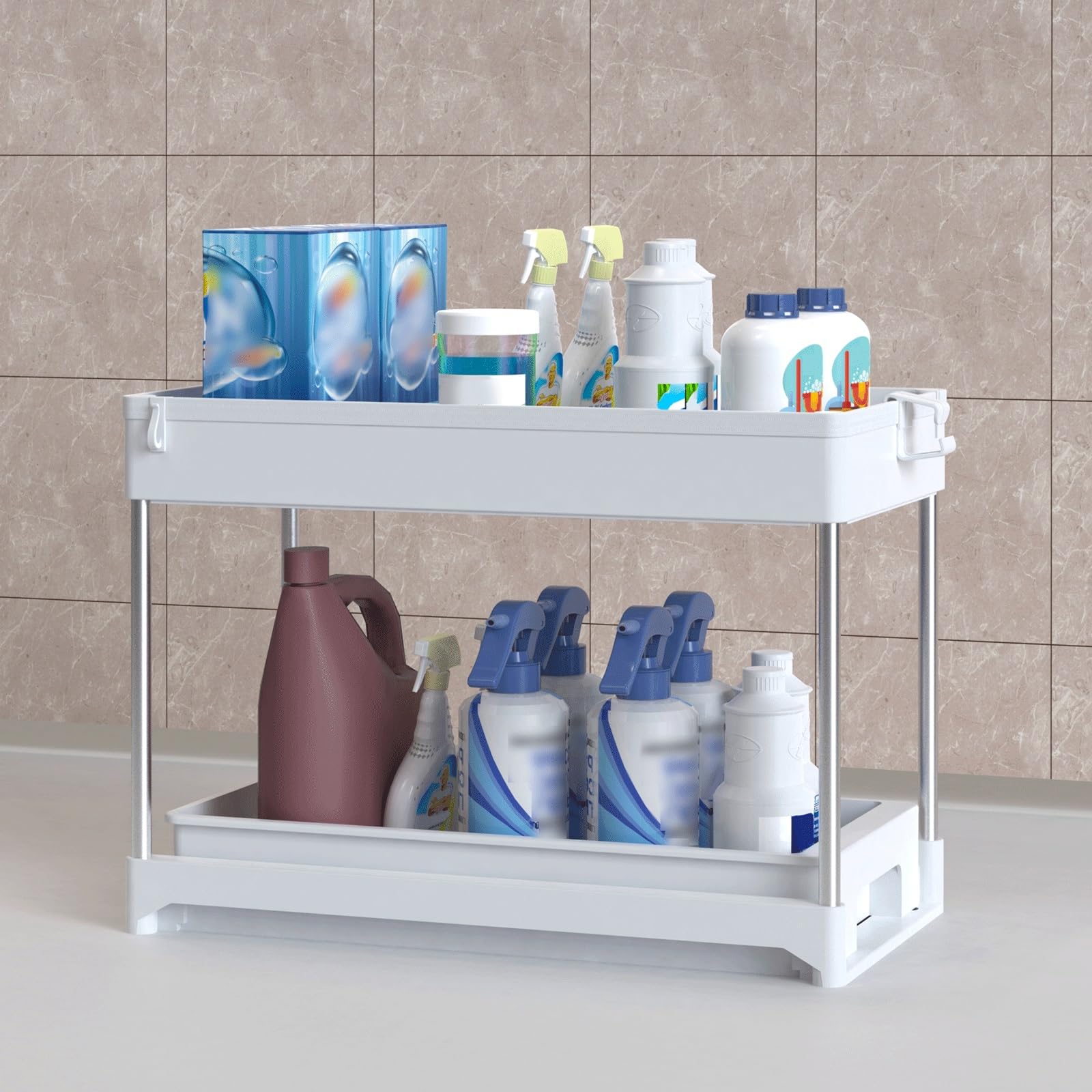 Küchenspüle-Regal, Küche unter der Spüle, Organizer, mobiles Regal, Aufbewahrungsorganisator unter der Spüle, weißes Schieberegal mit Schiebegriff für Zuhause, Büro, Küchenspüle-Organizer, weiß (wei