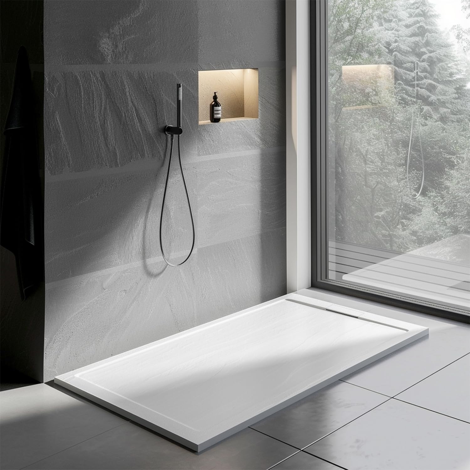 White Slate Effect Shower Tray 1500 x 900 mm Rectangular Shower Base with Hidden Waste, Anti-Bacterial Surface–Low Profile Shower Tray for Enclosures