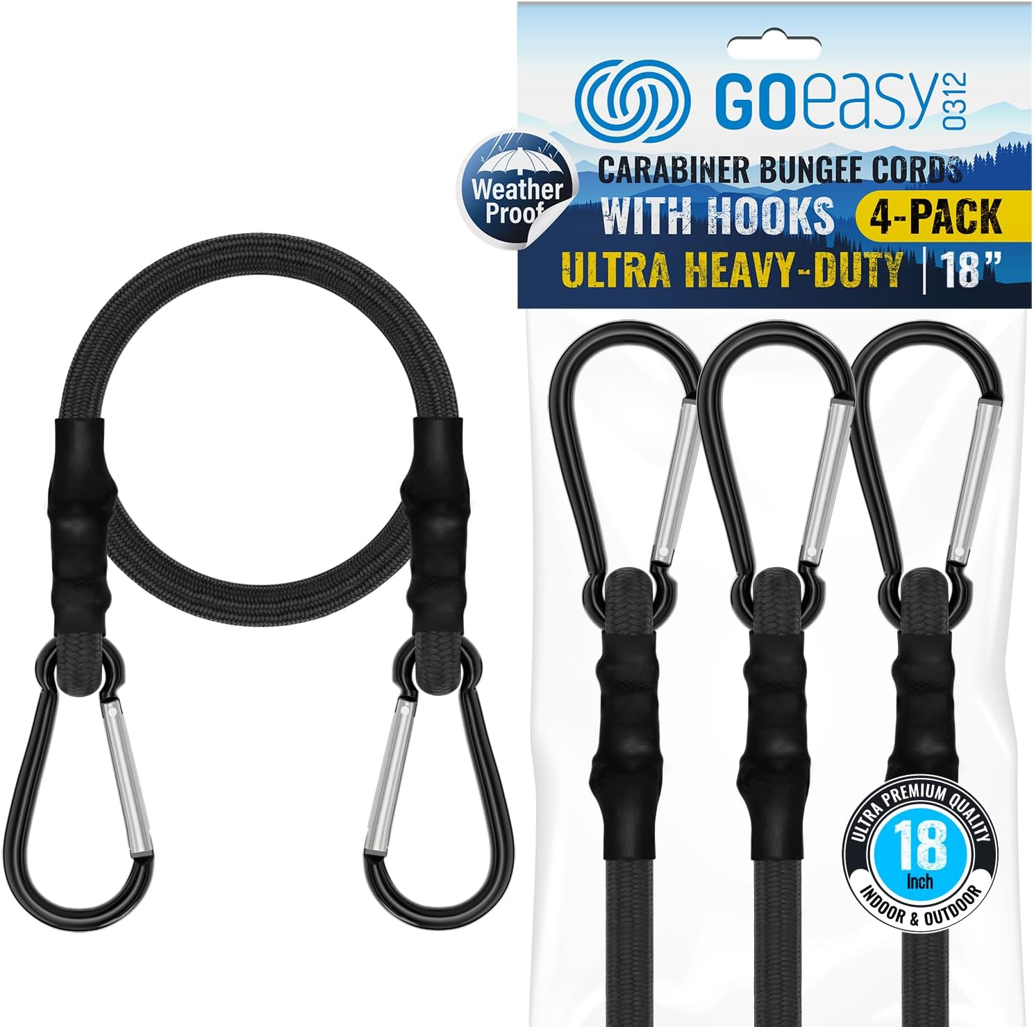 GOEASY0312 Carabiner Bungee Cords with Hooks Heavy Duty - 18" Elastic Bungee Cords With Carabiner Hooks 200 LBS Max Break Strength, UV Resistant for Camping, Tarps, Bike Rack, Tent, Car - 4pcs (Black)
