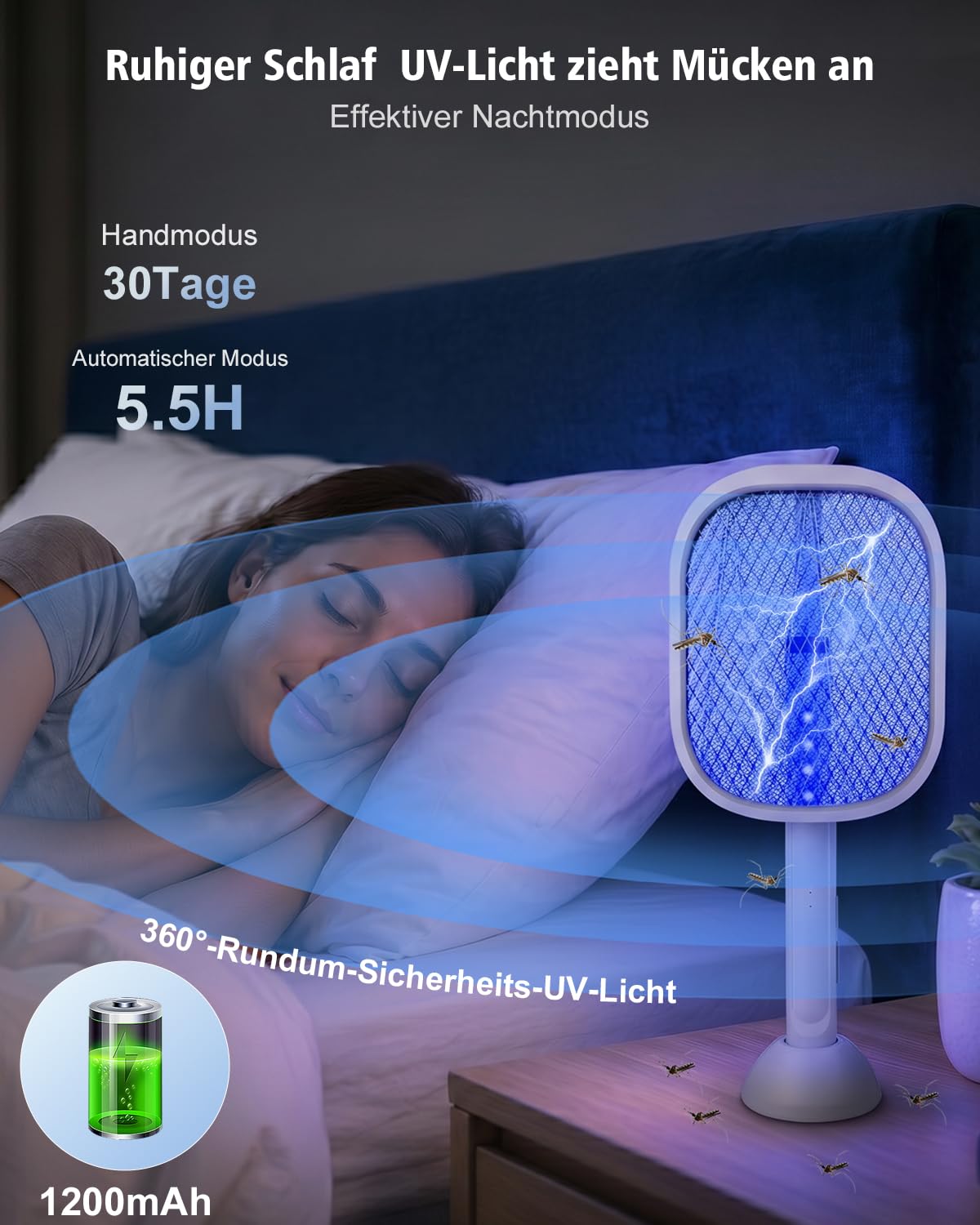 Elektrische Mückenklatsche 2-in-1 – Ausziehbarer Teleskop-Griff für Decken, 4200V Fliegenklatsche Elektrisch mit UV Lichtfalle, Klappbar mit Standfuß für Mücken & Motten