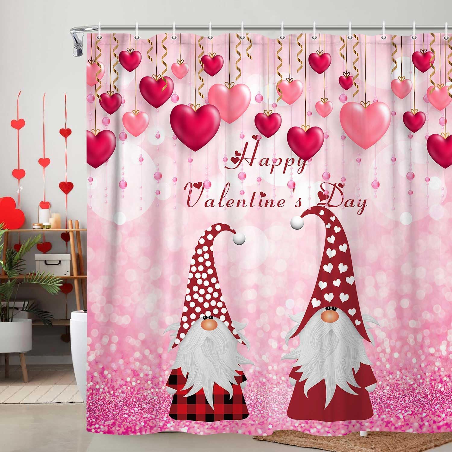 Pink Christmas Tree Snowman Shower Curtain, Cute Xmas Winter Pine Snowflake Fabric Shower Curtains Set for Girls Women Bathroom Decorative, Holiday Restroom Decor Accessories with Hooks 72X72 inch