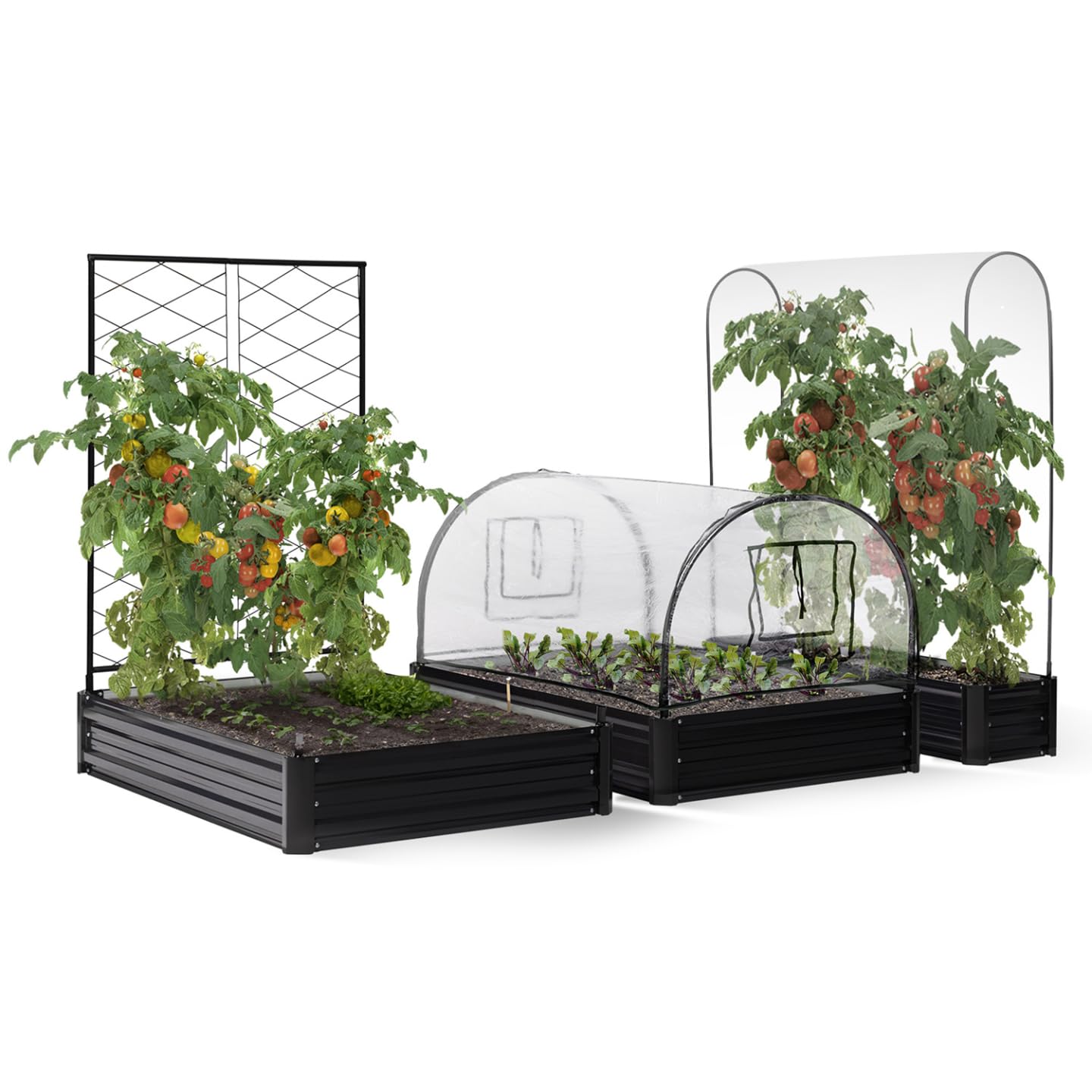 IDMarket - Kit Complet 3 bacs métal modulables carrés Potager et Serre à tomates + Treillis + Housse