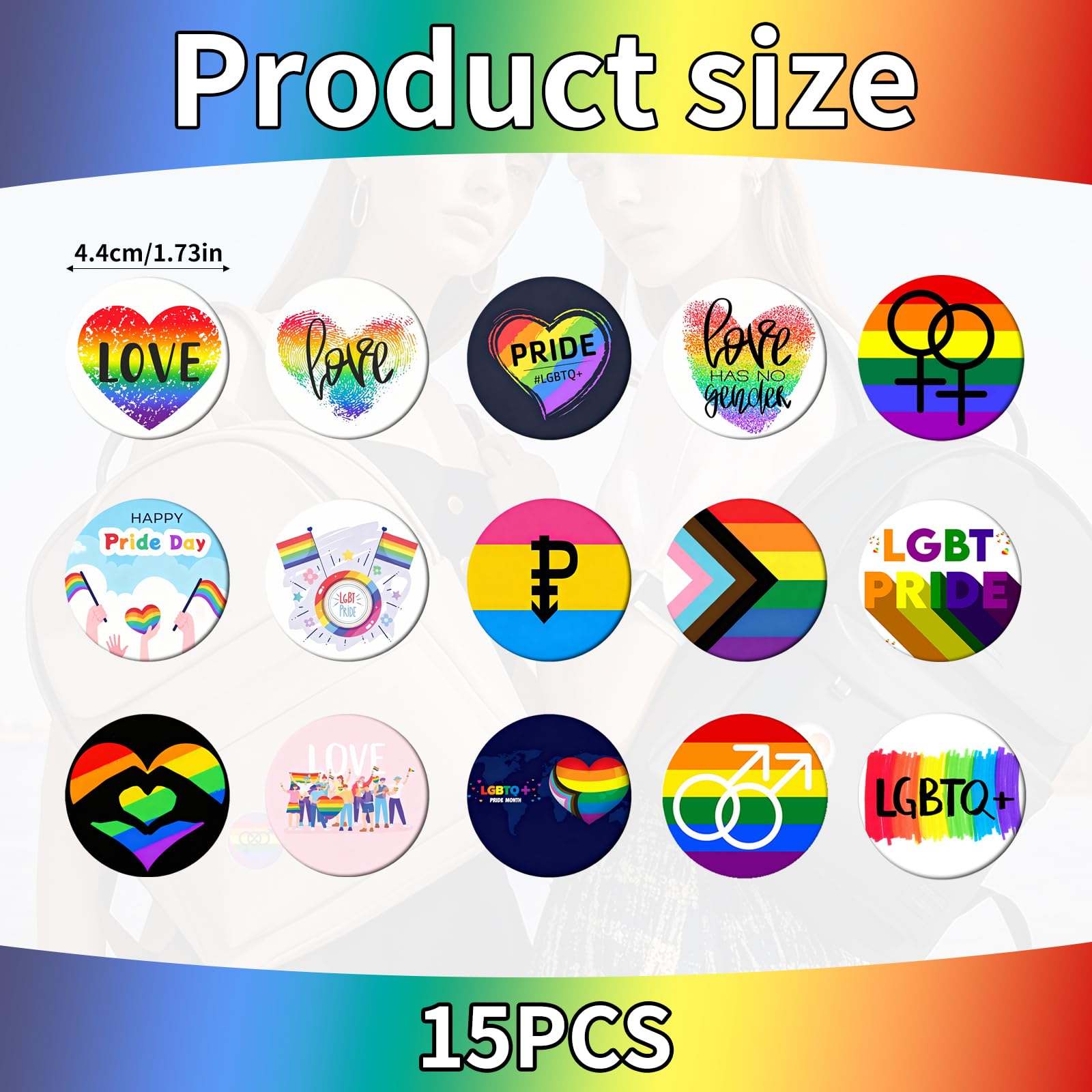 Chapas Pride LGBTQ 15 Piezas 44MM, Insignias Arcoíris LGBT, Pines Redondos de Metal, Set Broches Orgullo