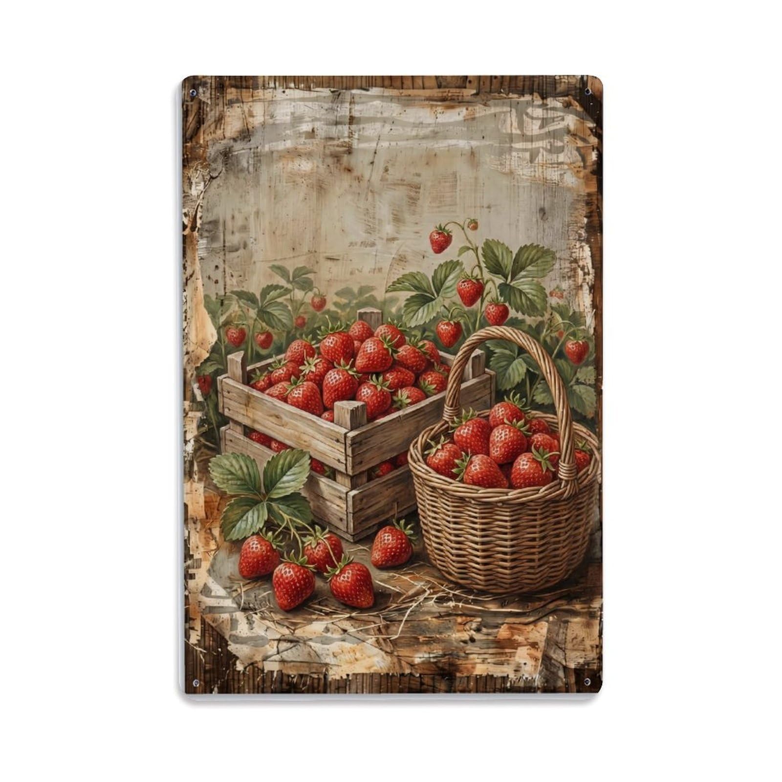 Strawberry Field Harvest Red Berry Countryside Picking Vintage Metal Tin Sign Plaque Wall Decor for Cafe, Club, Garden Metal Poster 8x12Inch
