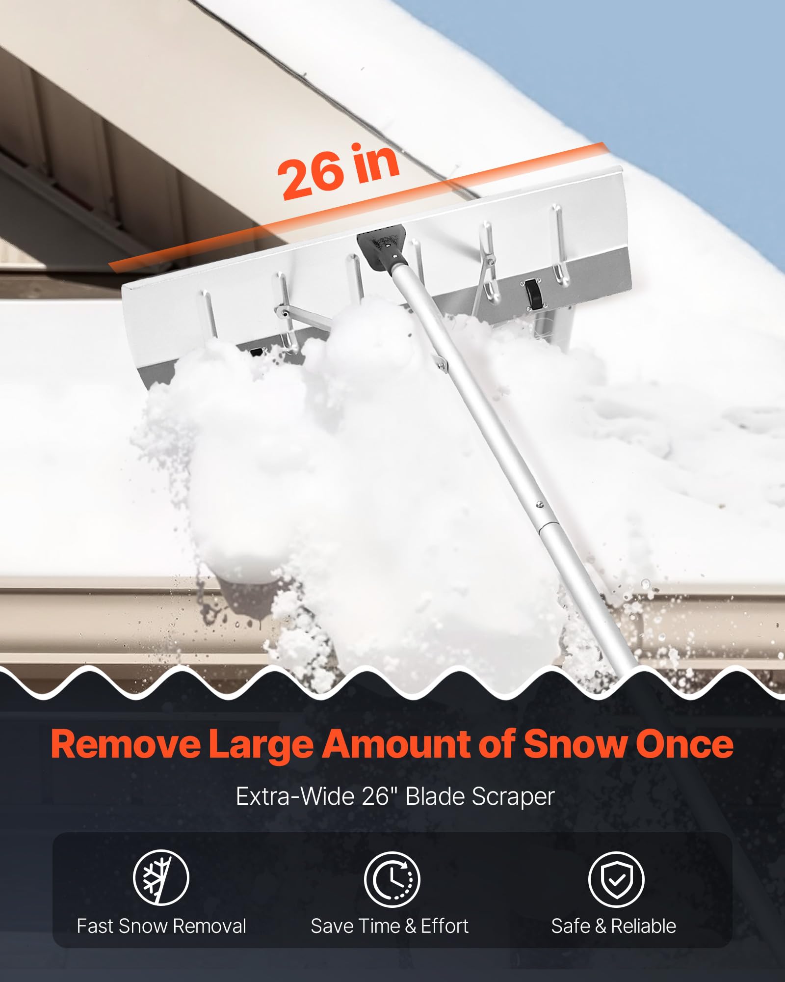 VEVOR Schnee Dachrechen, 66 cm Alu-Klinge, 142–606 cm Verstellbarer Schneeschieber mit Rädern, Schneeräumwerkzeug mit rutschfestem Griff, Hausdachrechen zum Entfernen von Laub & Schnee