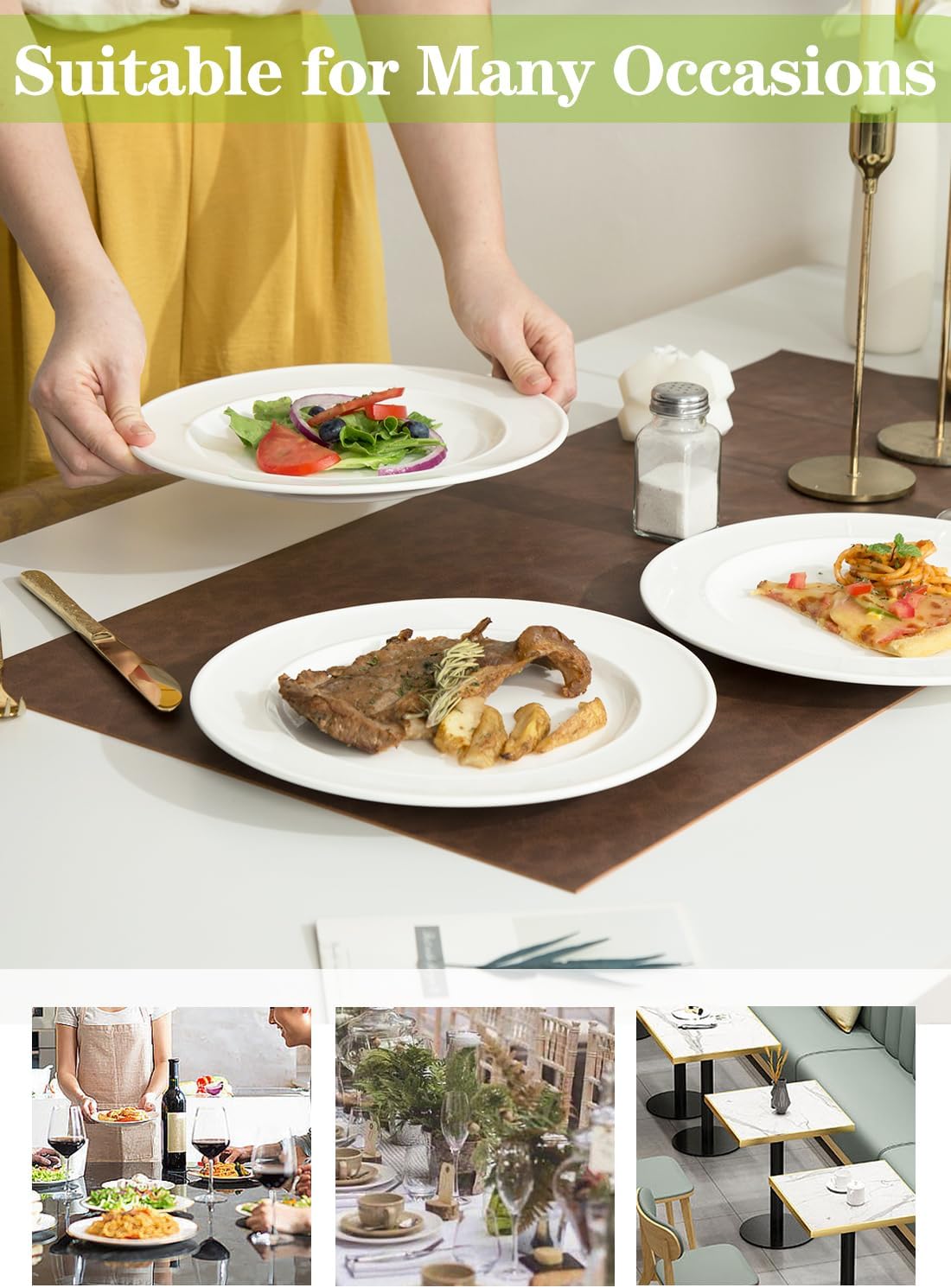 TAMAYKIM 10 Inch Porcelain Salad Dinner Plates 8 Pieces, Wide Rim Round Pasta Plates, Large Serving Dinnerware Sets, Scratch Resistant, Microwave, Oven, and Dishwasher Safe, White
