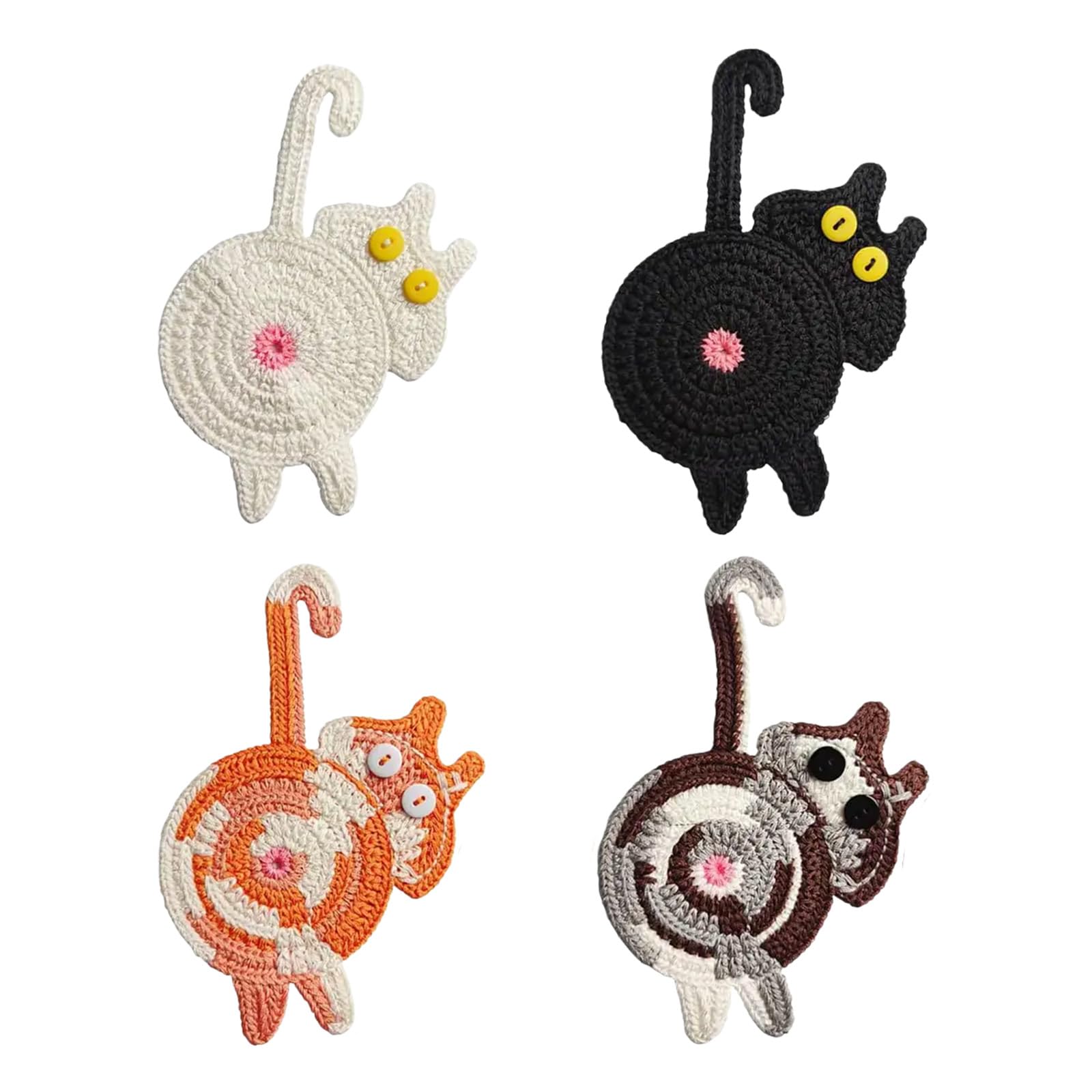 MALSSE Of 4 Absorbent Knitted Cats Coasters Heatproof Nonslip Cup Mat for Beverages Modern Tabletop Decoration Knitted Coasters