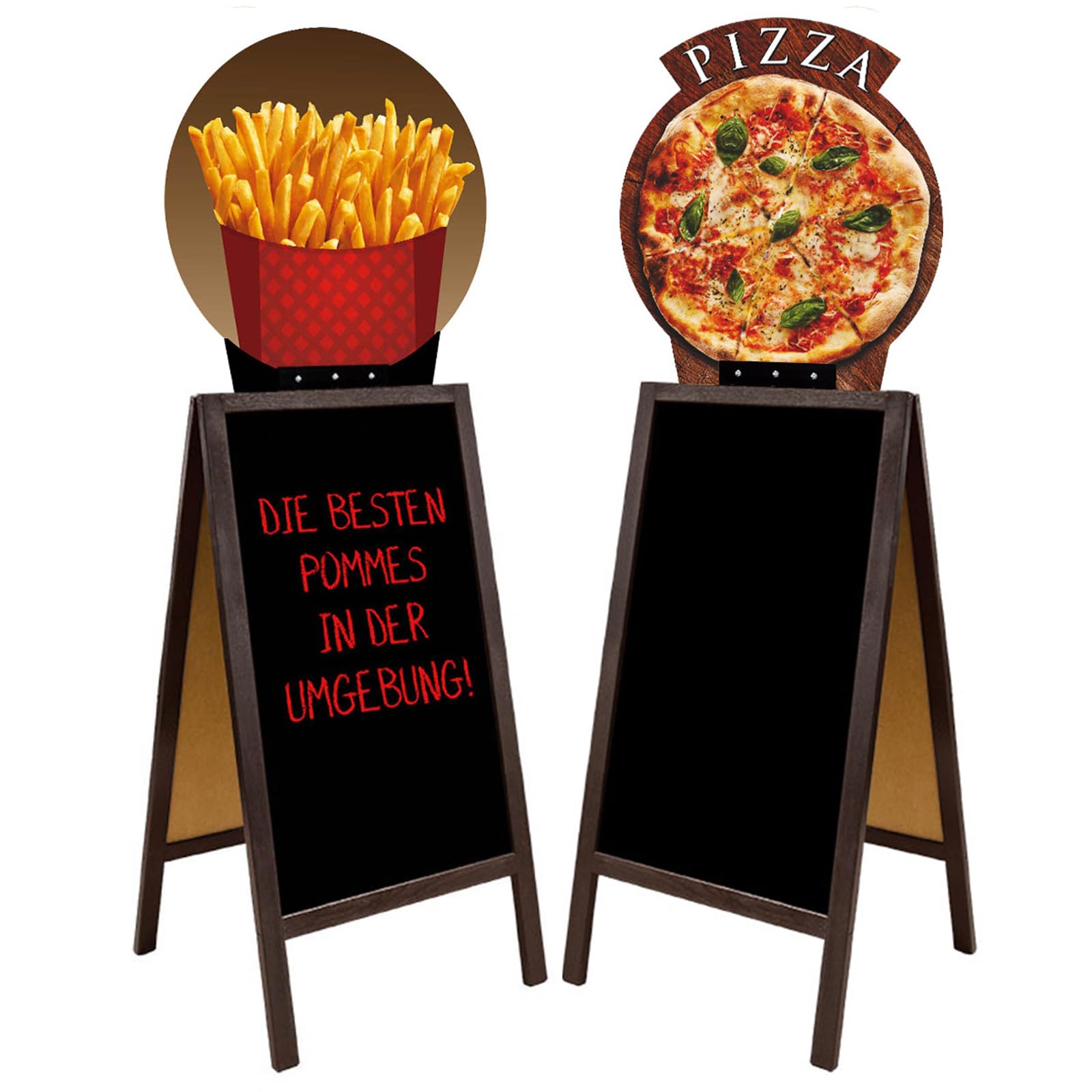 Blocco clienti double face, 192 x 74 cm, con lavagna HDF, struttura in legno marrone, 16 motivi per gelateria, caffetteria, pizzeria, ristorante e gastronomia (12° hamburger)