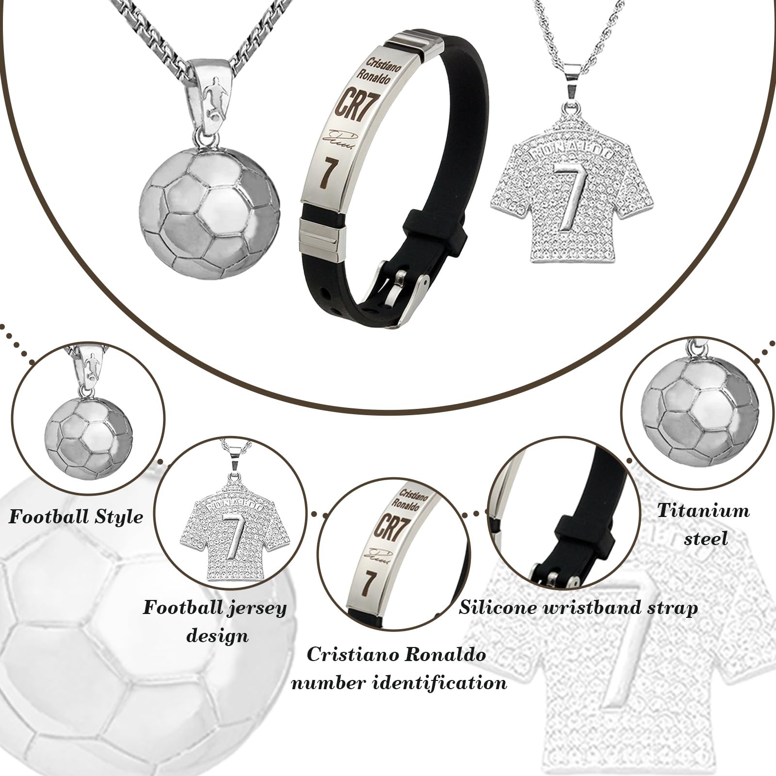 3 Pièces Ensemble D'accessoires de Football, Bracelet C r7, Bracelet de Football pour Garçon, Pendentif Maillot, Collier de Football pour Cadeau D'anniversaire pour Garçon
