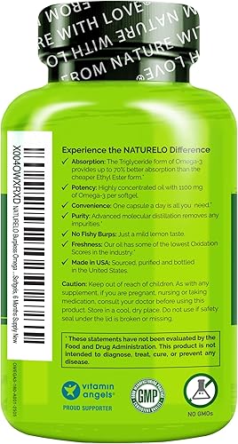 Miniatura 2 de NATURELO Suplemento de aceite de pescado omega 3 sin eructos, 1100 mg de triglicéridos omega-3, EPA + DHA, para corazón, ojos, cerebro, salud de las