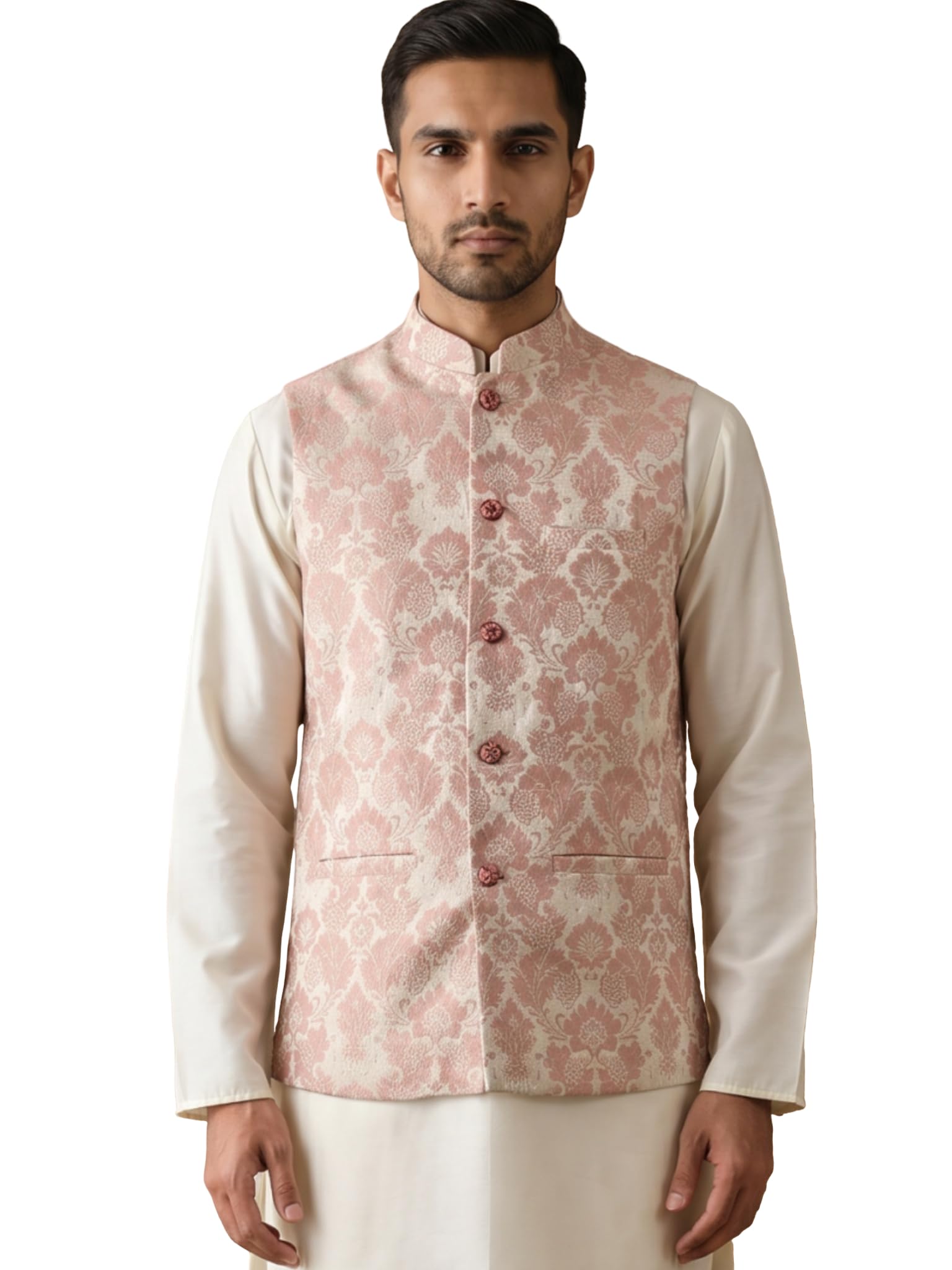 jompers Men's Floral Jacquard Silk Blend Nehru Jacket (Peach, S)-picture-10
