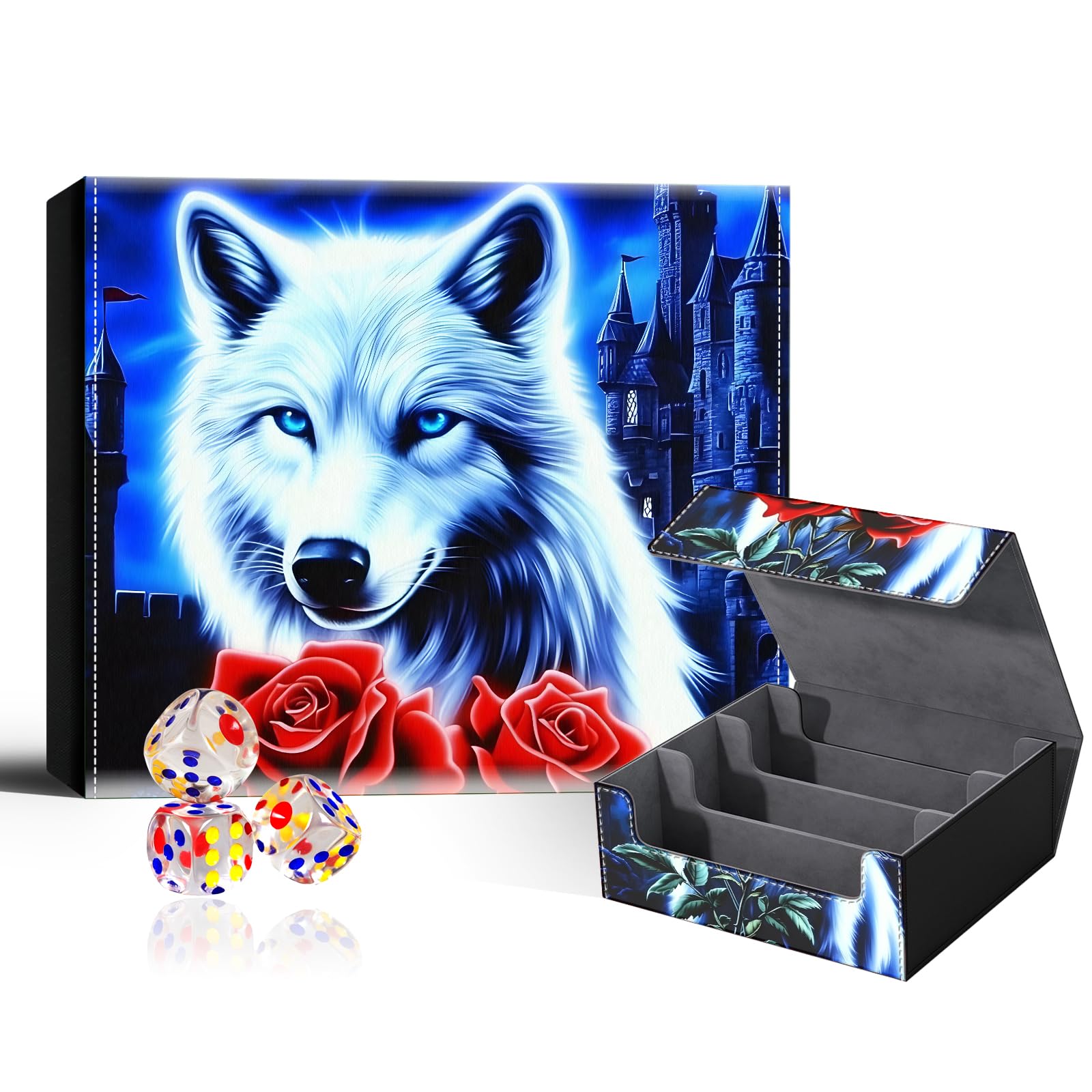 VOGDMKJG Trading Card Deck Box Fit 1800+ Single Sleeved Cards,PU Leather Magnetic Closure Card Storage Box With 3 Dice For MTG/TCG/PTCG/Magic/Sport Card Storage Case Large 3 ROW Design Wolf Rose